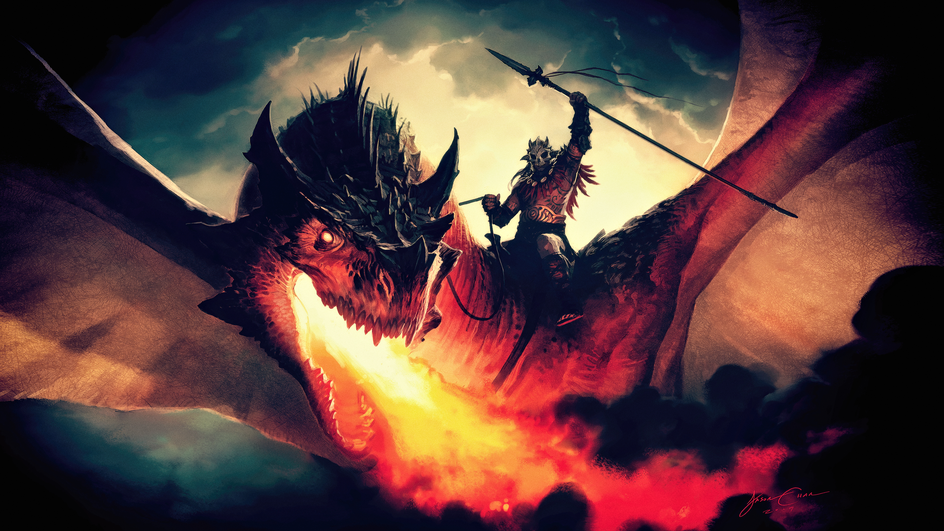 Dragon rider breathing fire HD Wallpaper