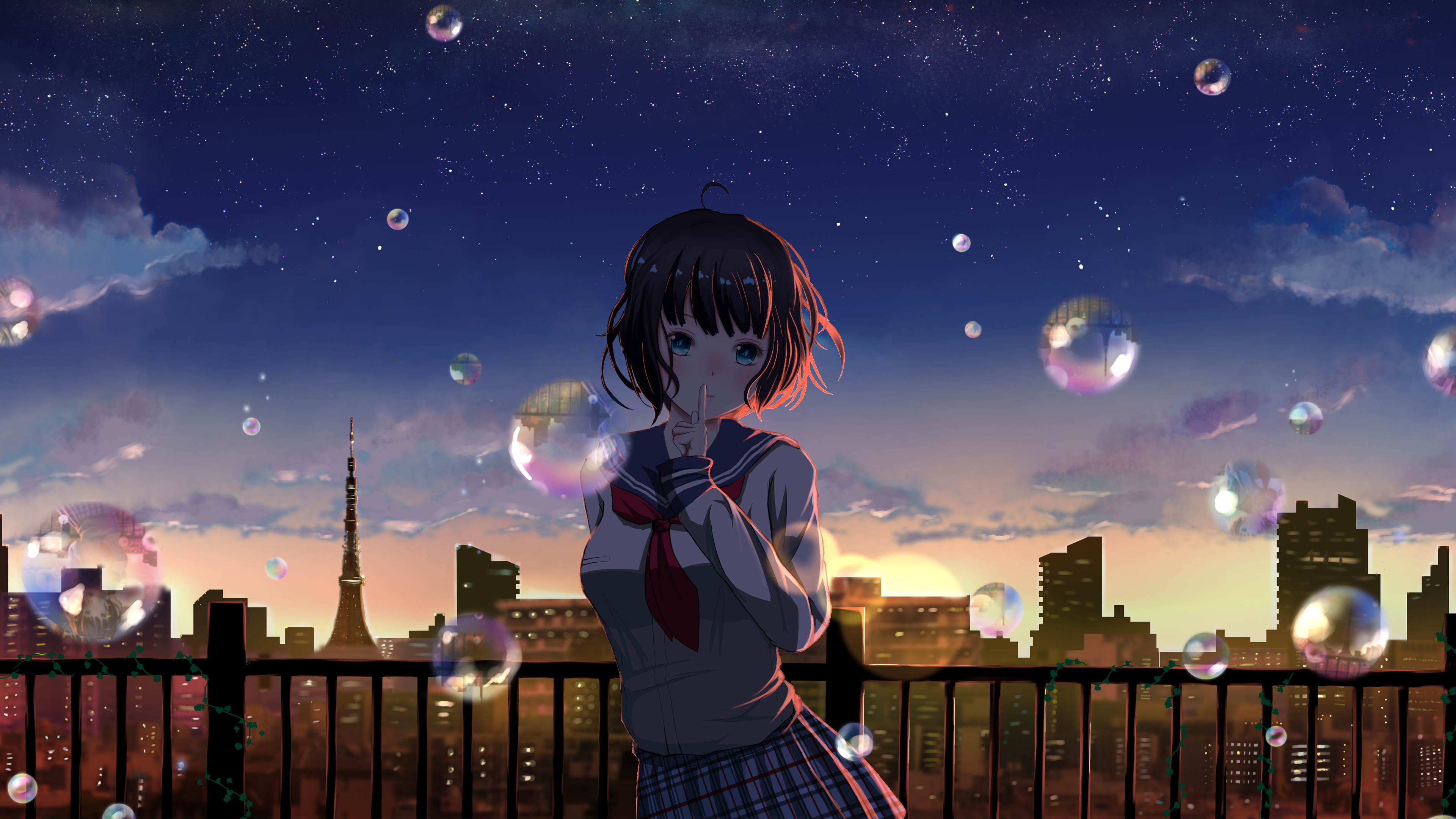 Anime girl in school uniform with bubbles over city skyline HD Wallpaper