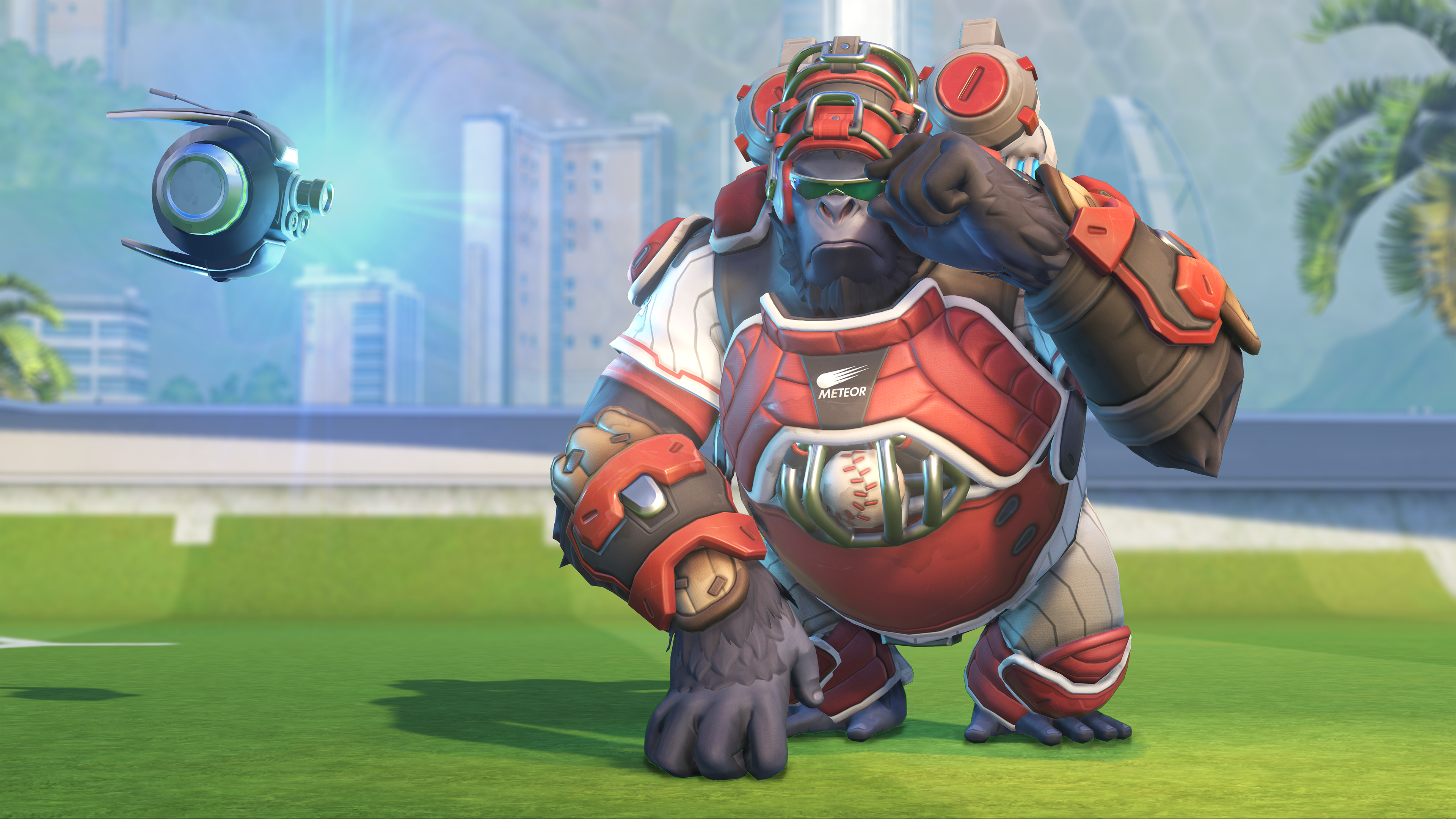 Winston from Overwatch in baseball catcher's gear HD Wallpaper
