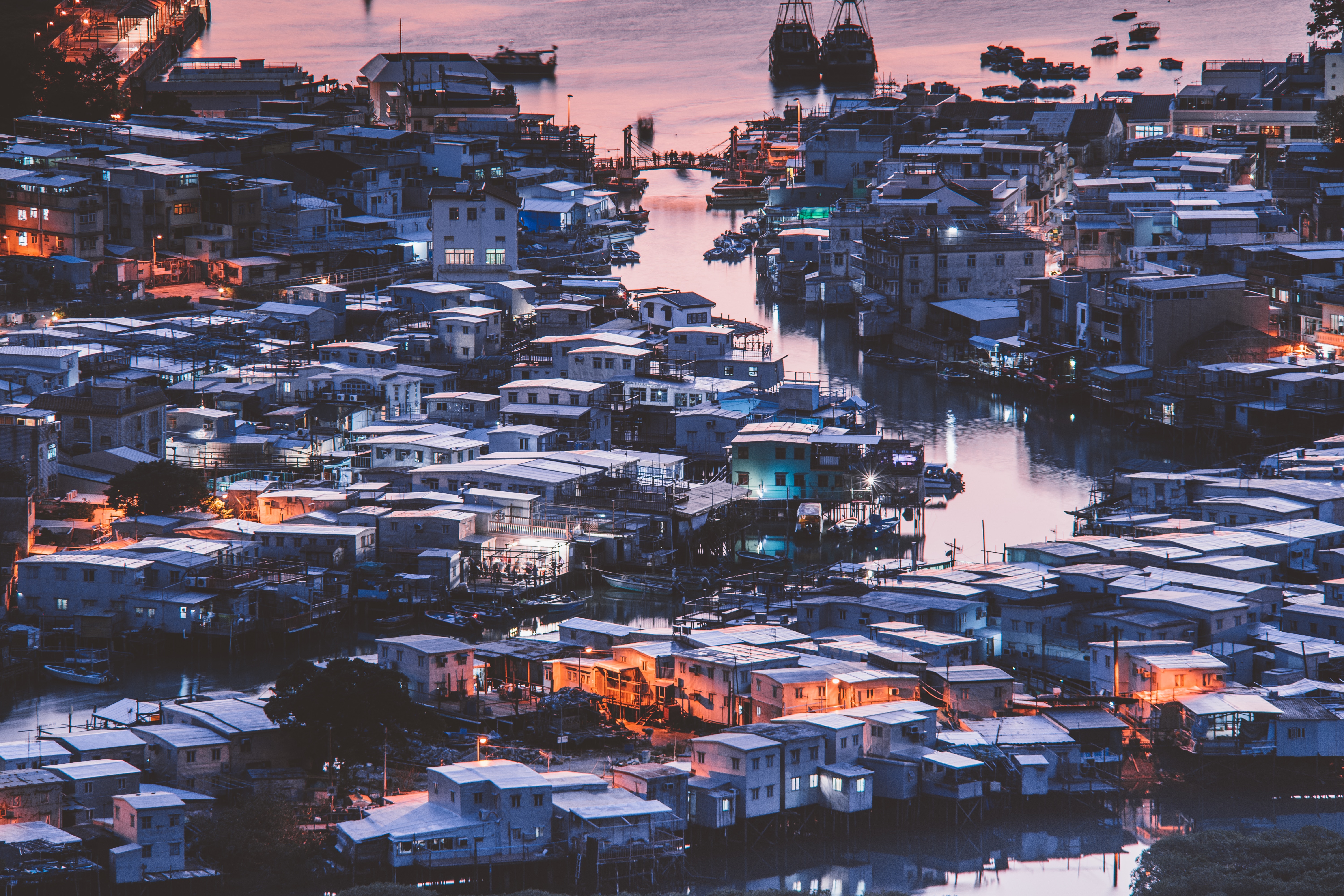 Hong Kong fishing village at dusk with lights HD Wallpaper