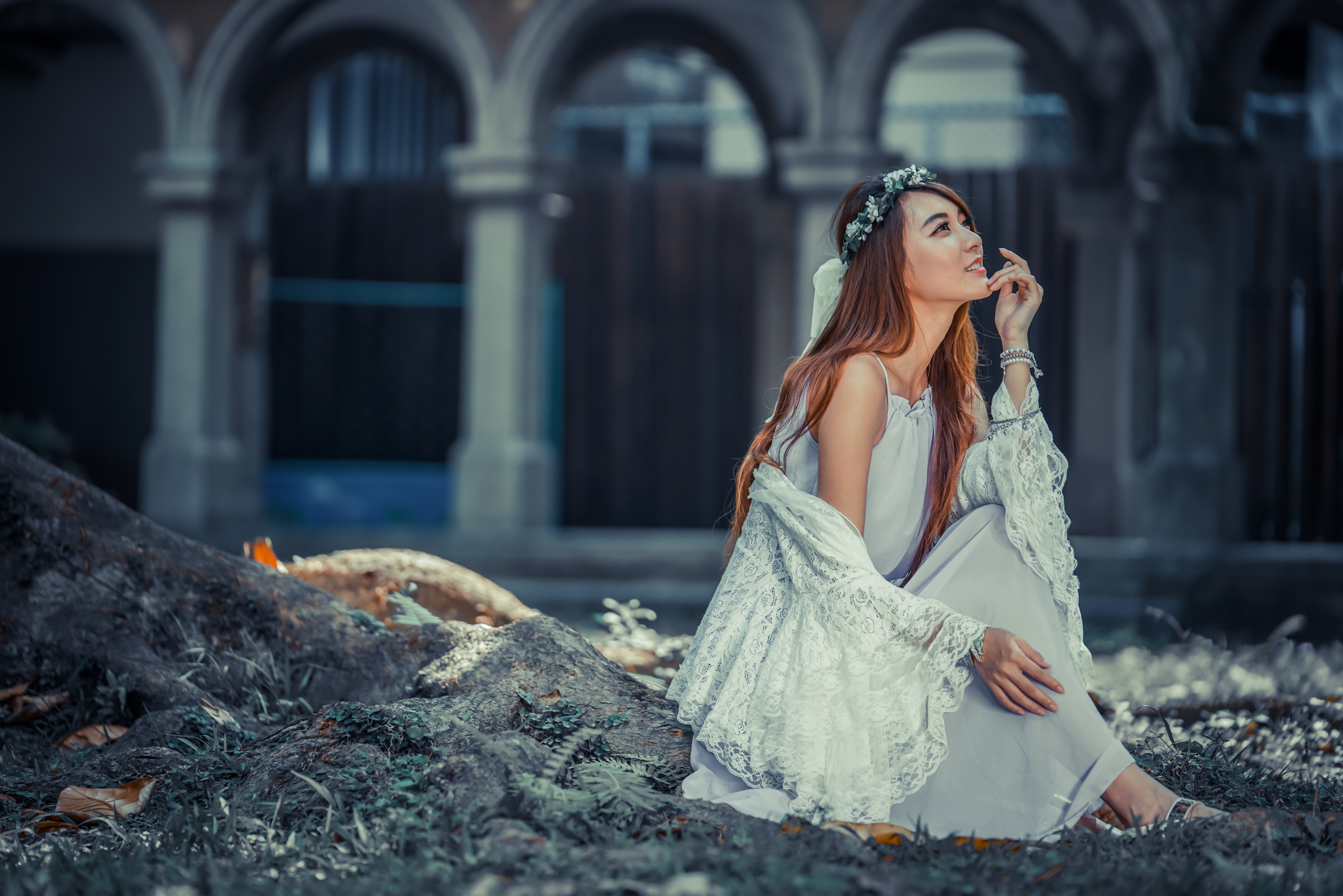 Woman with flower wreath in a light dress HD Wallpaper