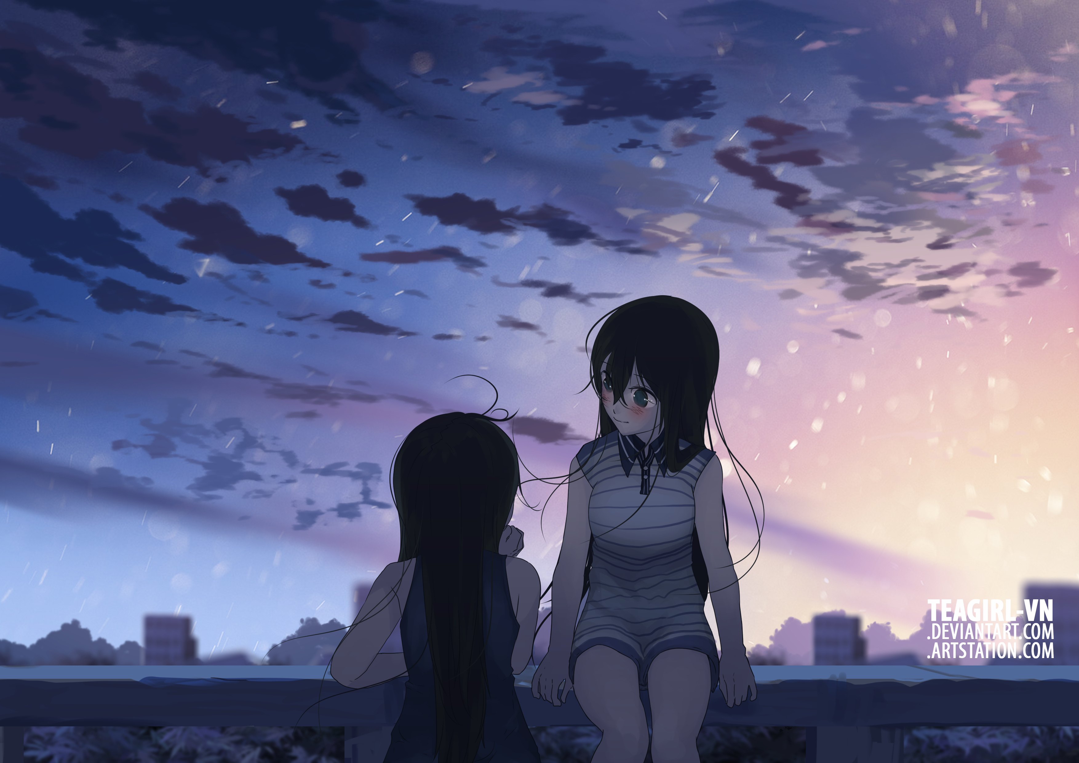 Two girls on a roof at dusk with rain HD Wallpaper