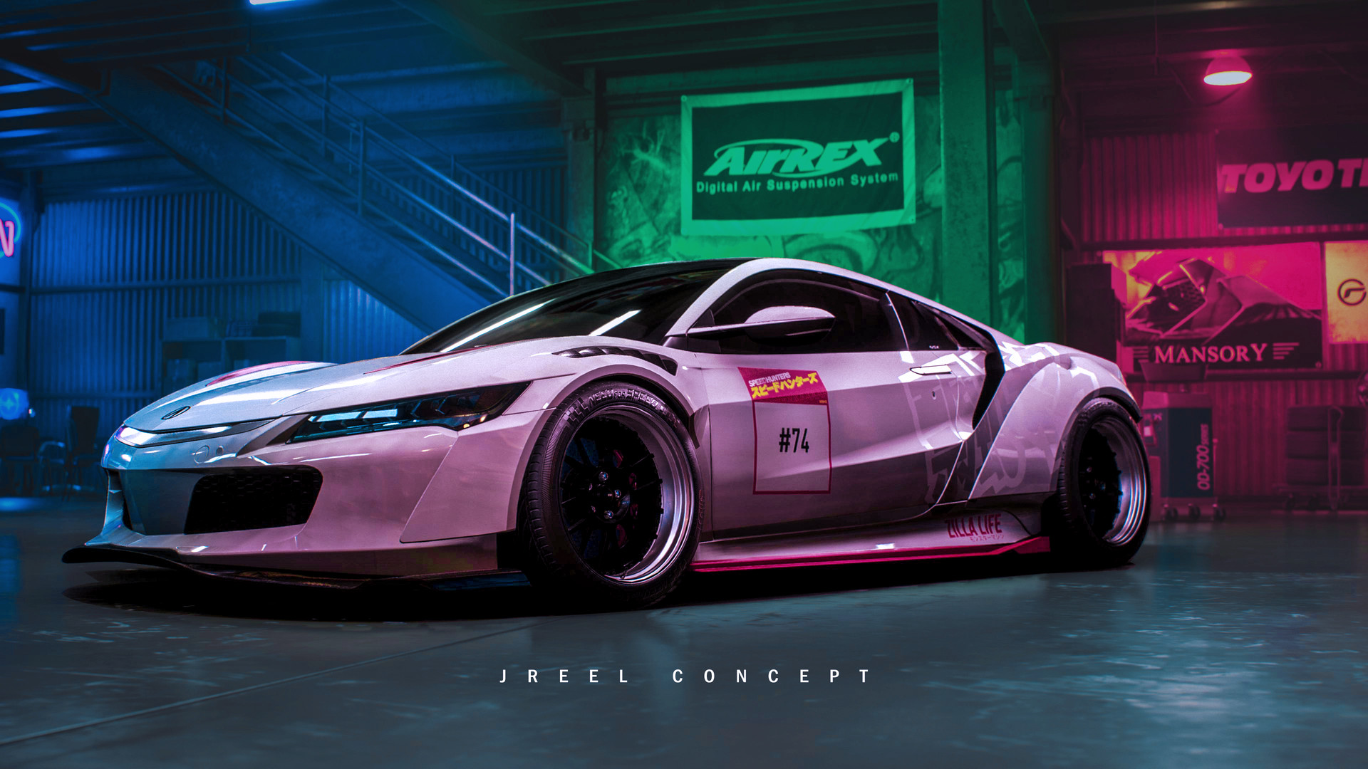 White modified Acura NSX in a garage with neon lights HD Wallpaper