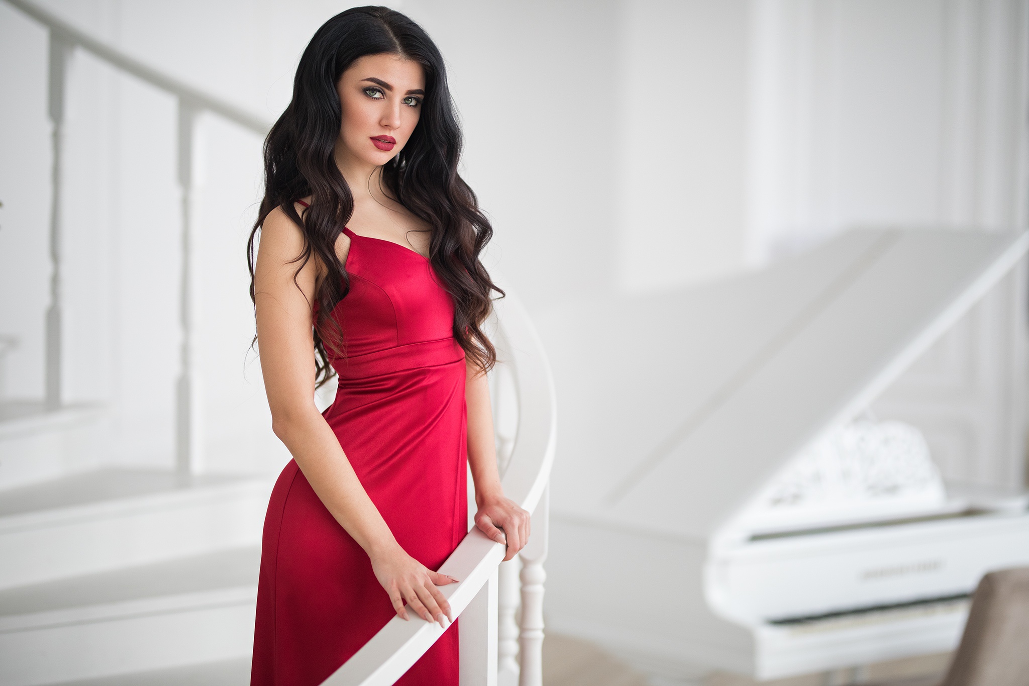 Woman in red dress by a grand piano HD Wallpaper