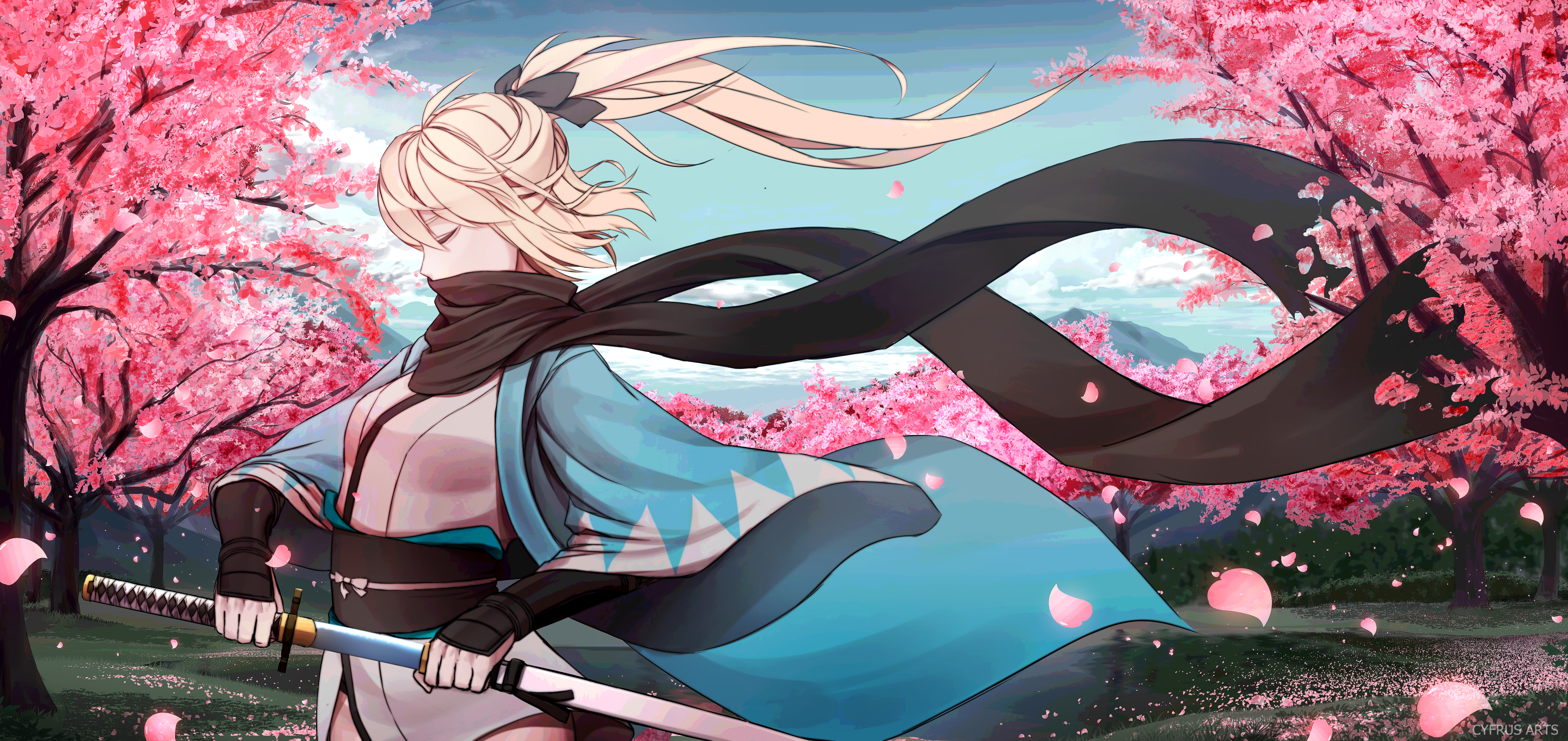 Okita Souji with Katana under Cherry Blossoms HD Wallpaper
