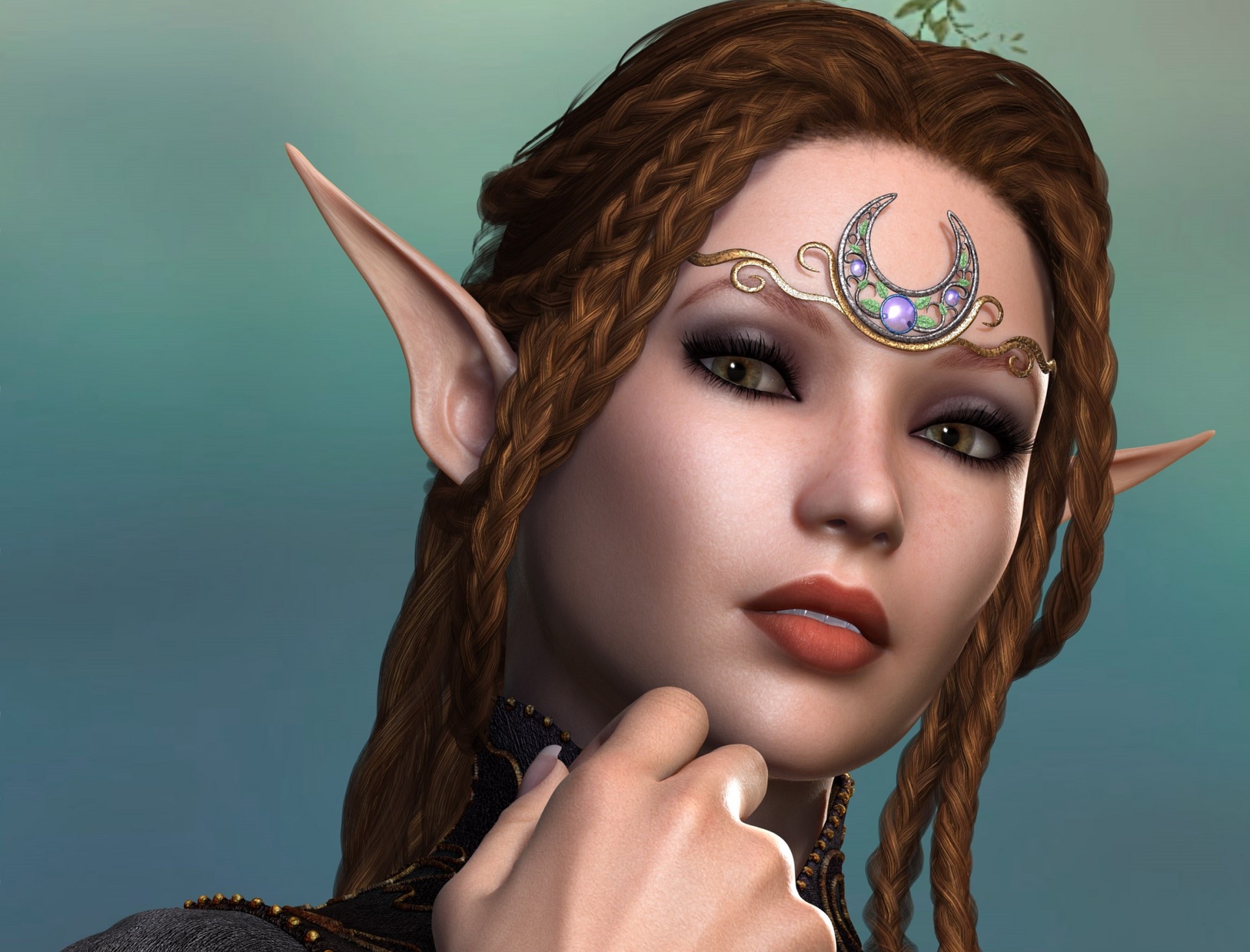 Elf girl with moon circlet and braids HD Wallpaper
