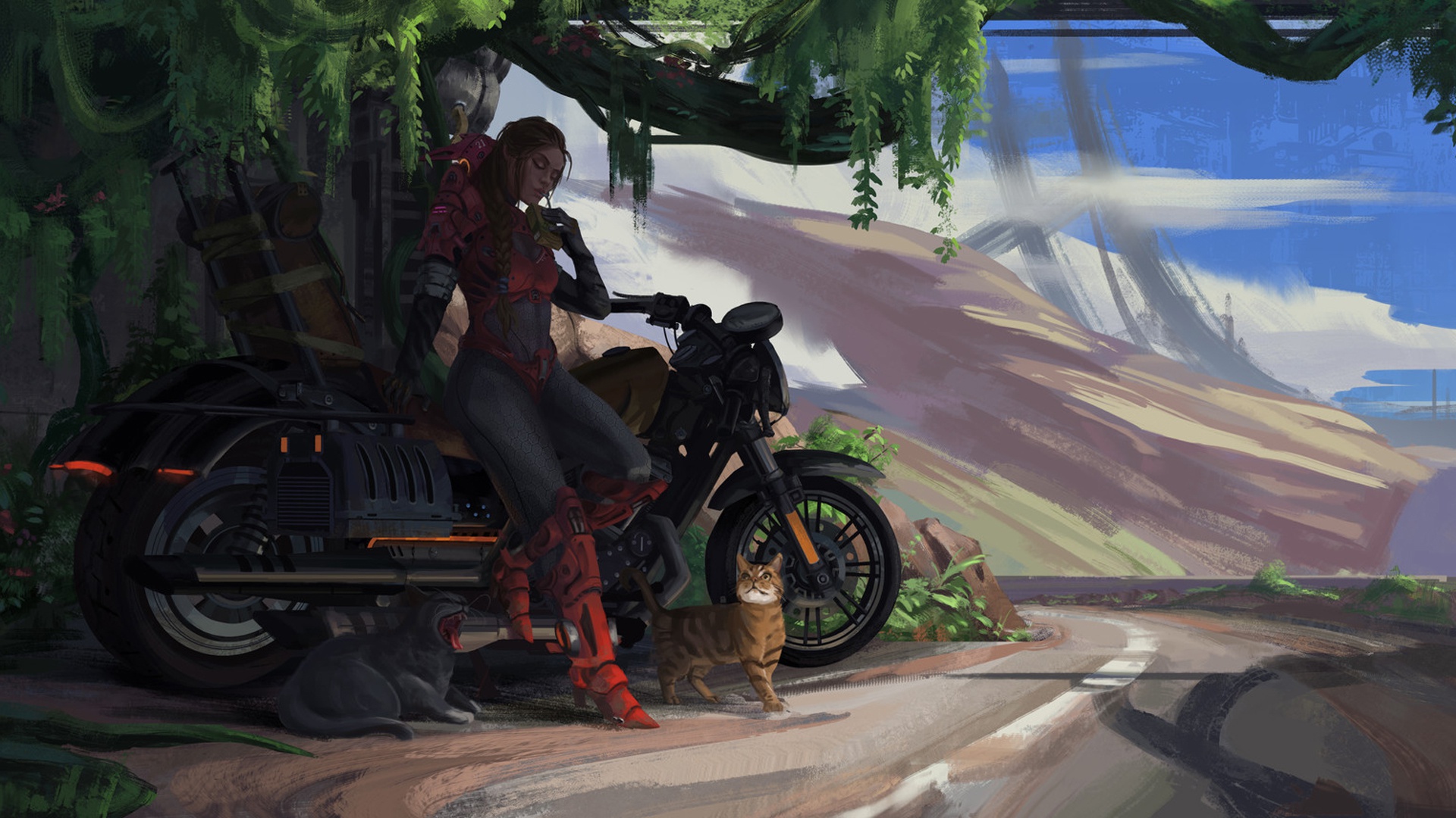 Woman with motorcycle and cats in a post-apocalyptic landscape HD Wallpaper