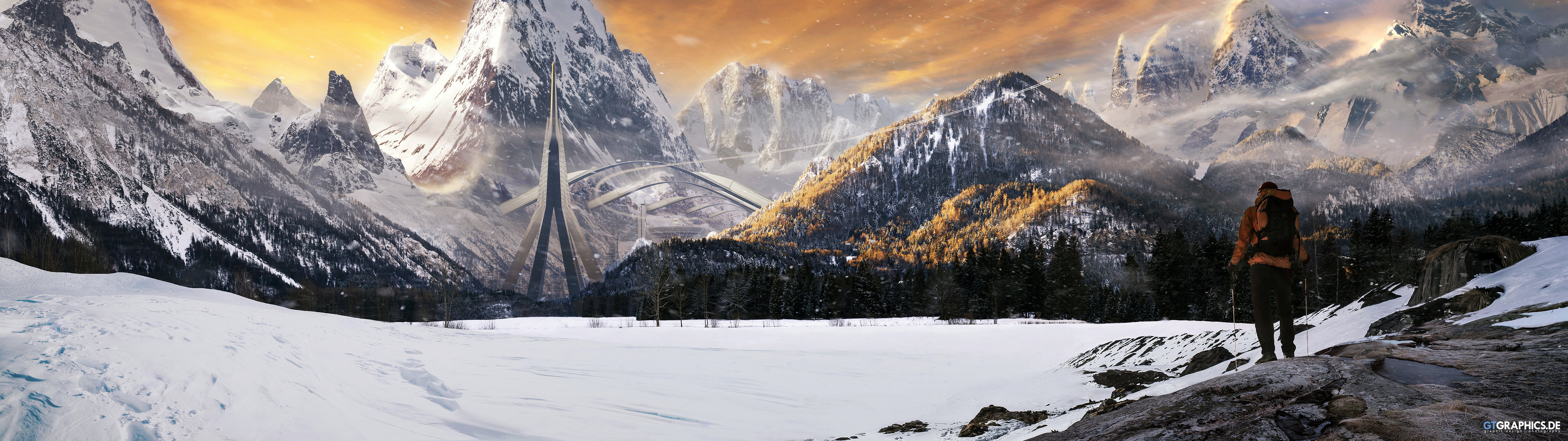 Adventurer in a futuristic snowy mountain landscape HD Wallpaper