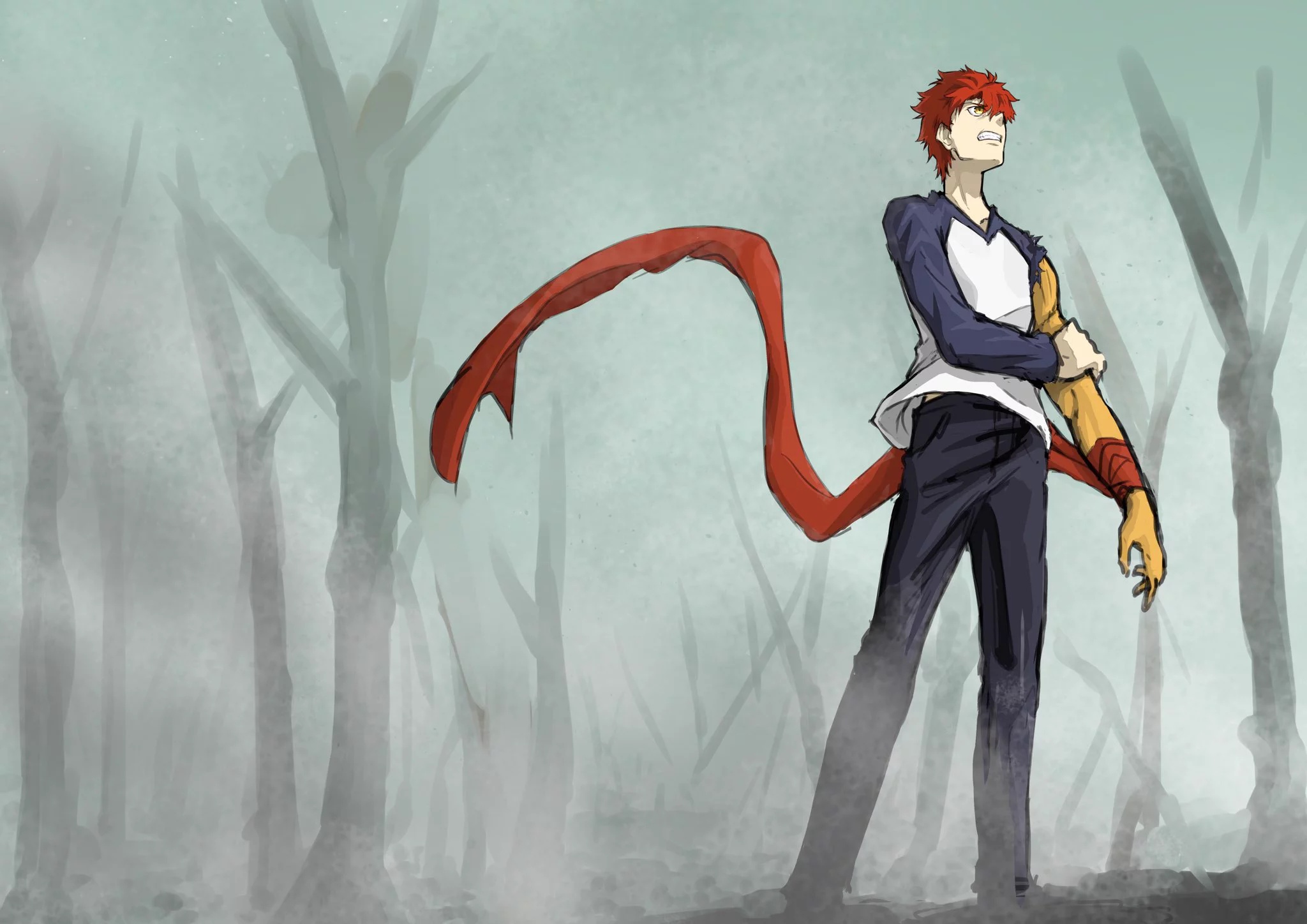 Shirou Emiya with red scarf in forest HD Wallpaper