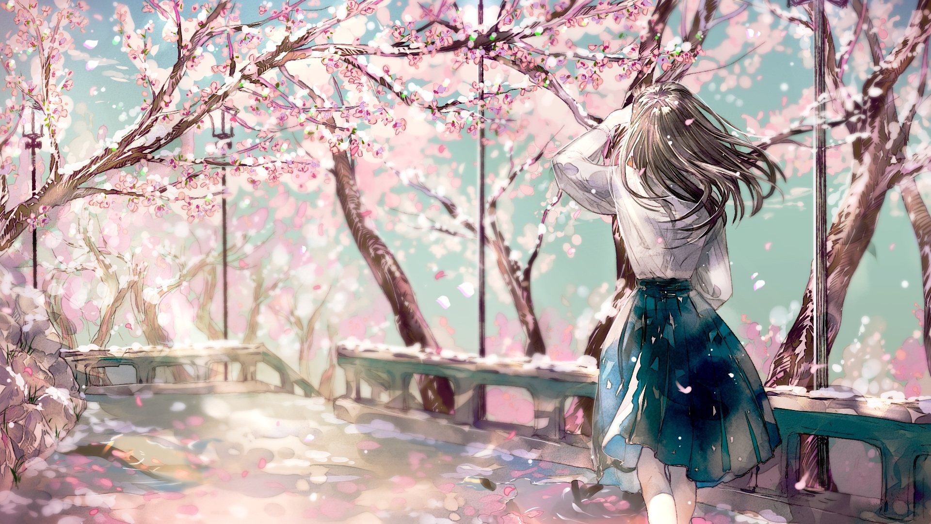 Girl in School Uniform Among Sakura Blossoms HD Wallpaper