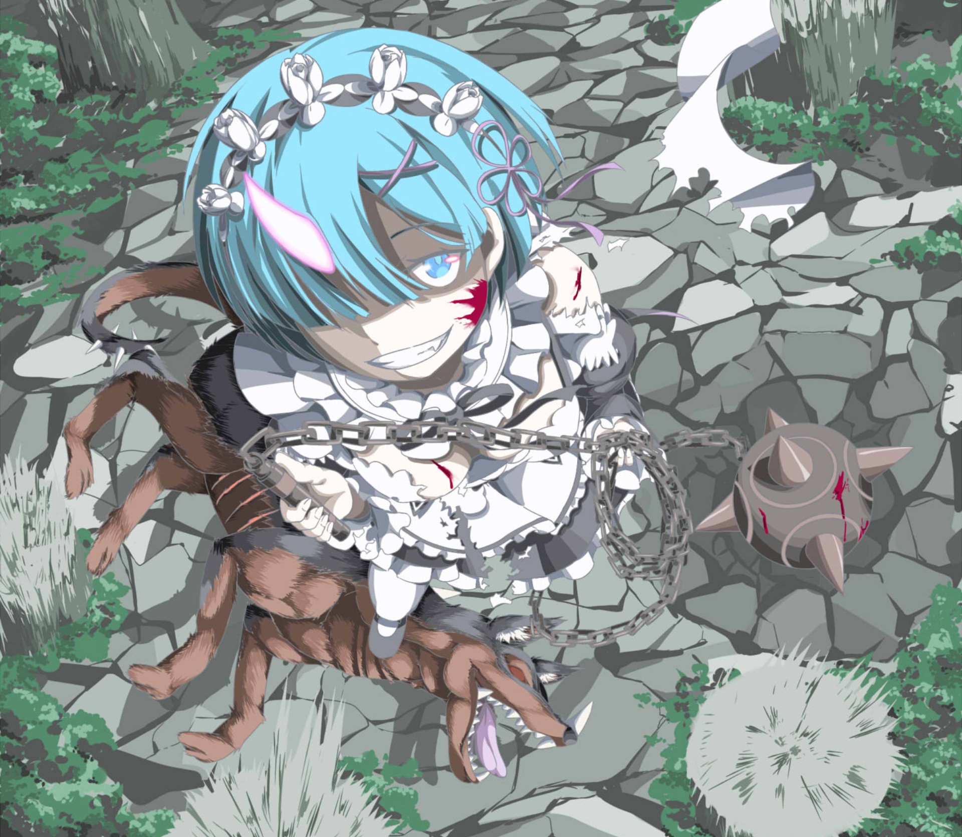 Rem from Re:ZERO with a demon dog and flail HD Wallpaper