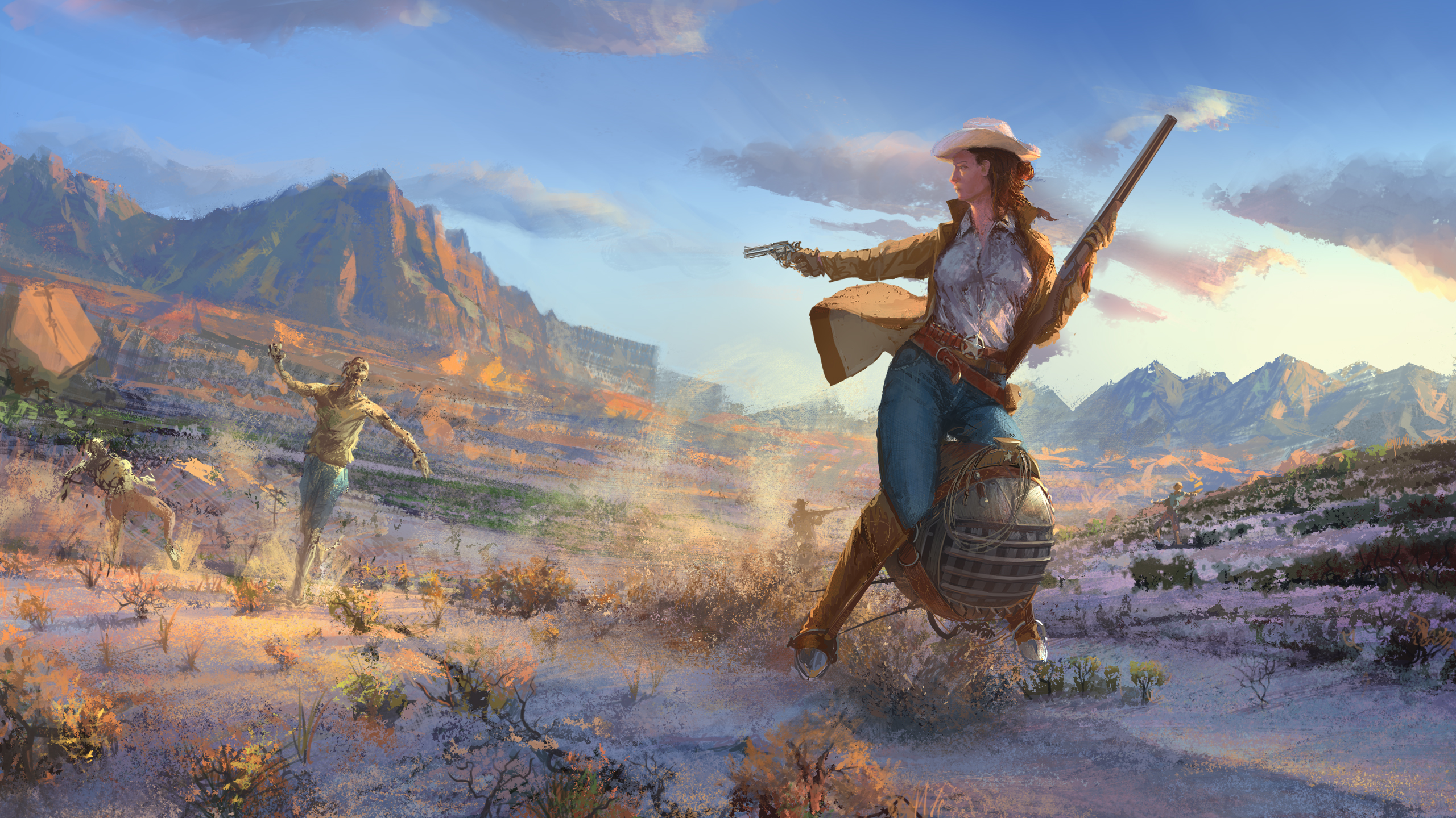 Cowgirl fighting zombies in a desert landscape HD Wallpaper