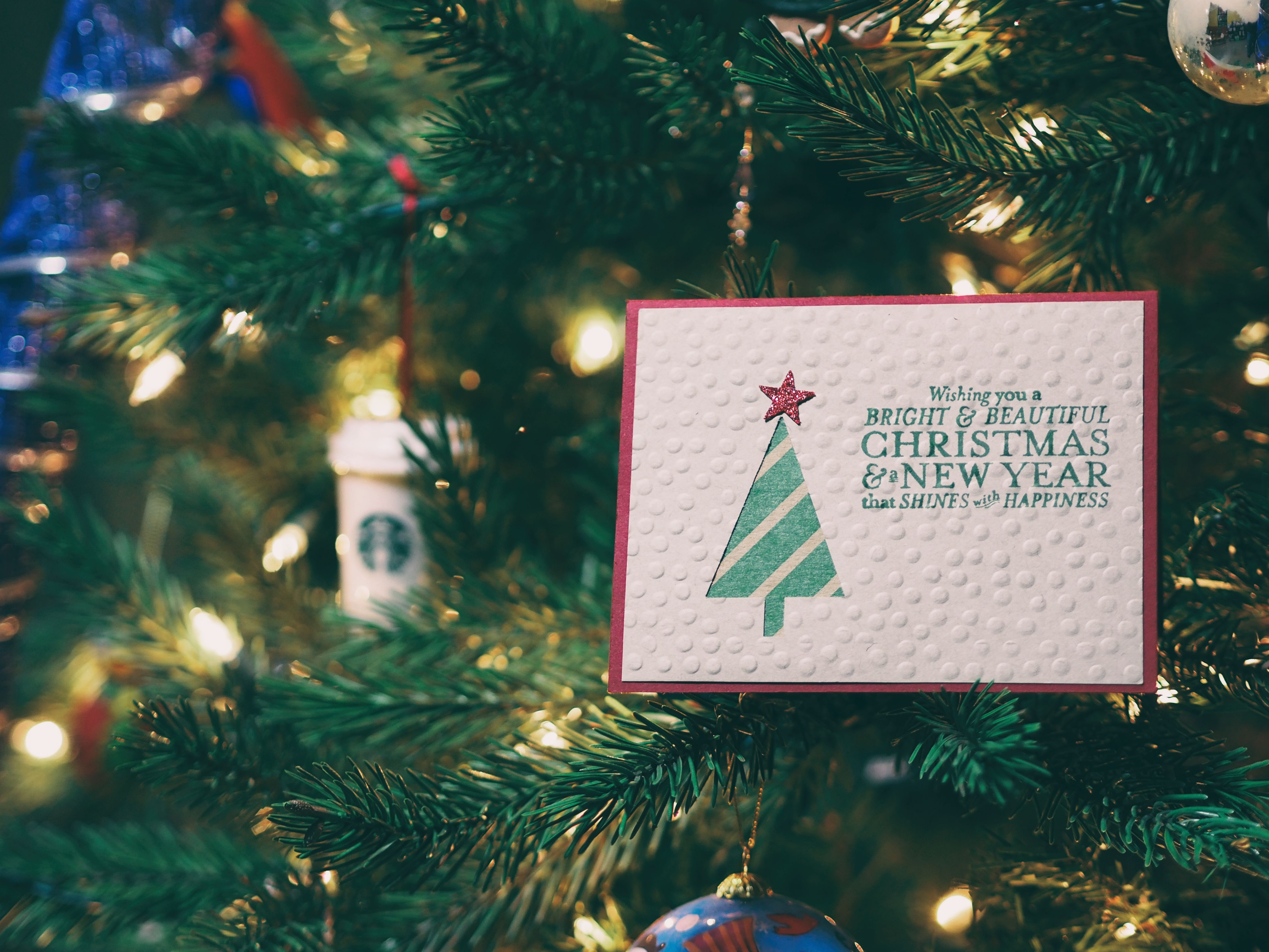 Christmas card on a decorated Christmas tree with lights HD Wallpaper