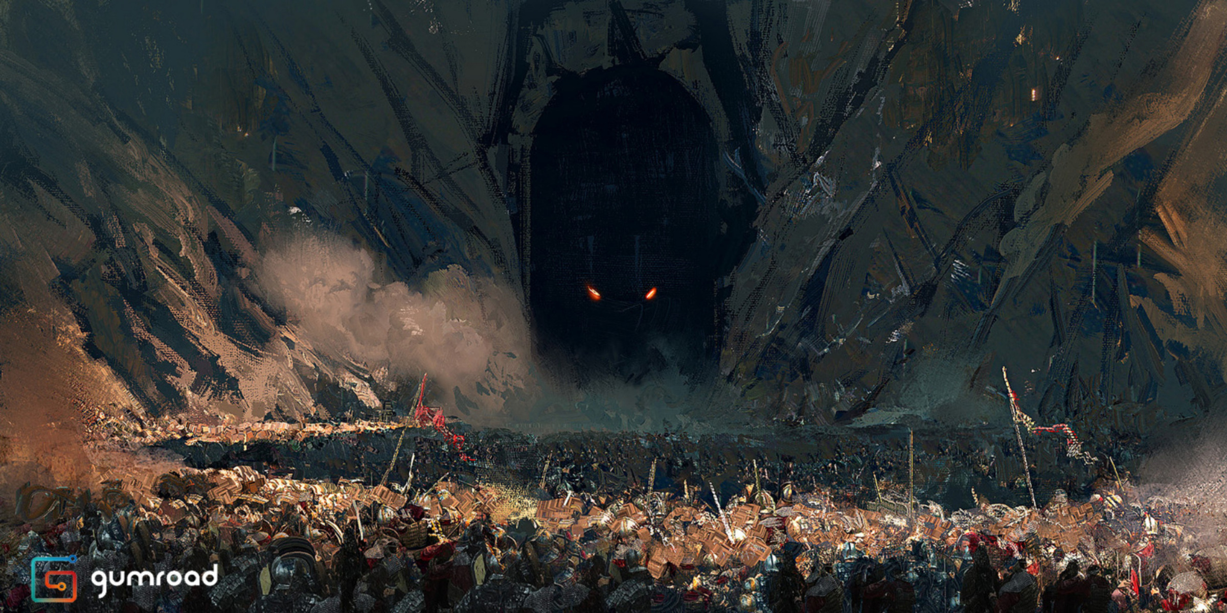 Army facing a monster in a cave HD Wallpaper