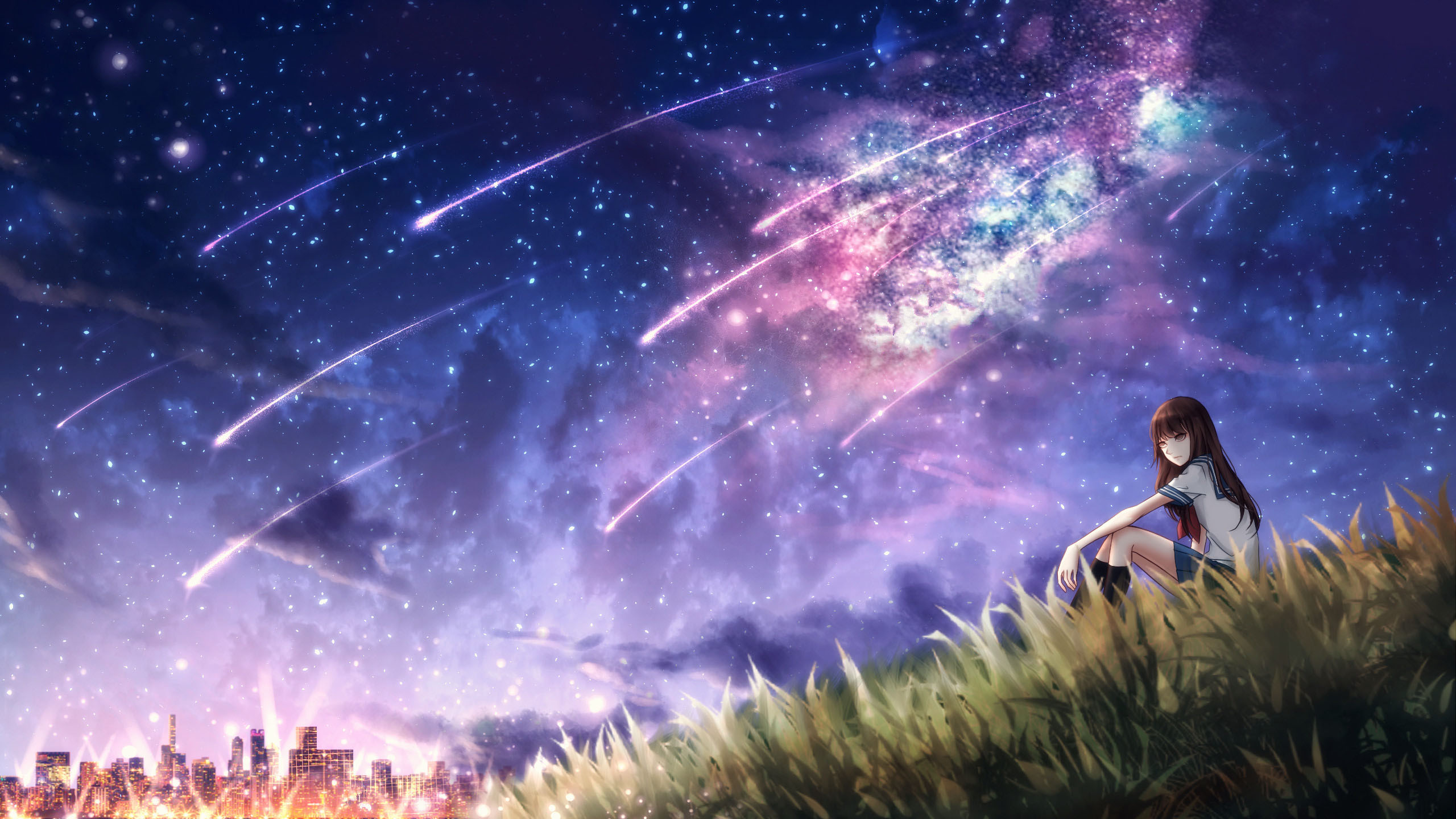 Girl Sitting on Grass Under Starry Sky with Shooting Stars HD Wallpaper