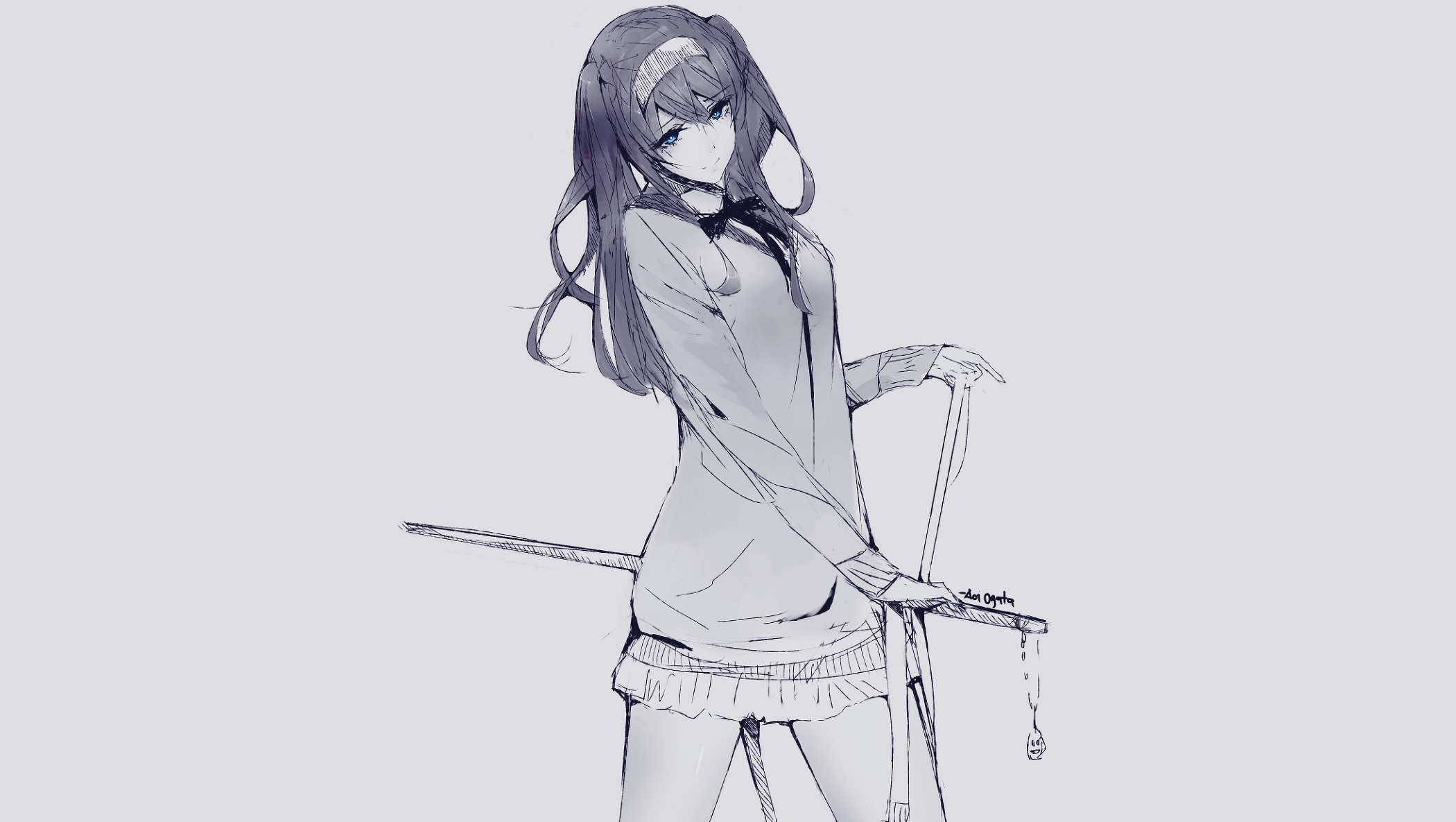 Anime girl with long black hair and blue eyes holding a sword HD Wallpaper