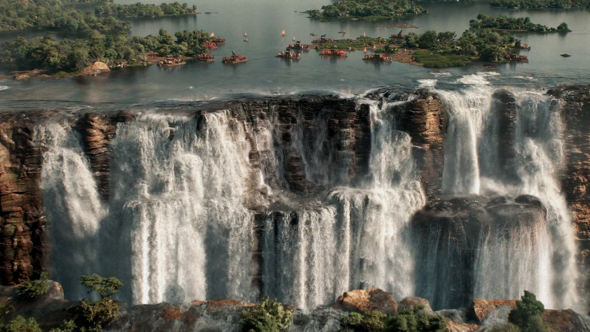 Waterfalls and boats in Wakanda from Black Panther HD Wallpaper