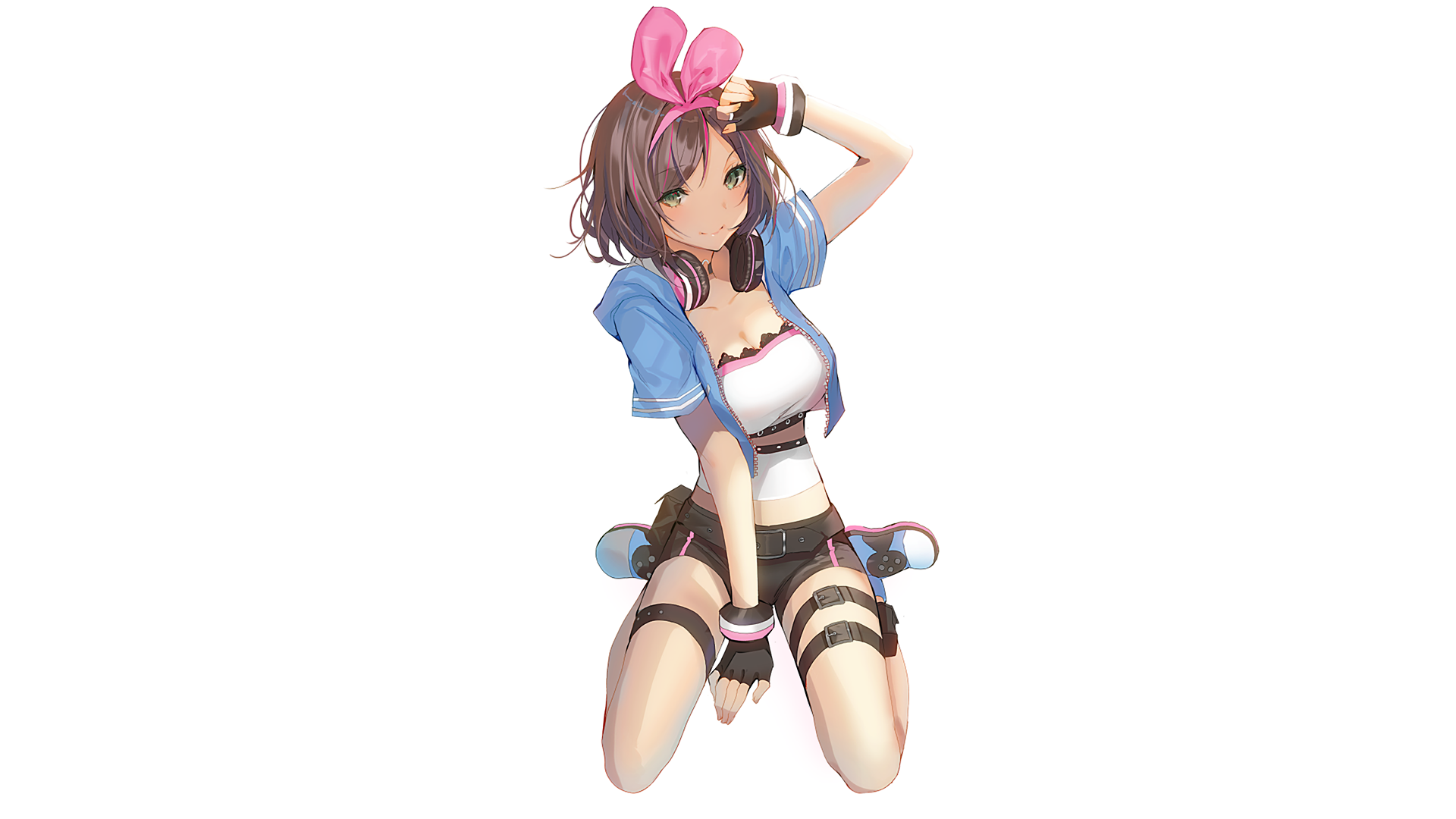 Kizuna AI wearing bunny ears and headphones HD Wallpaper
