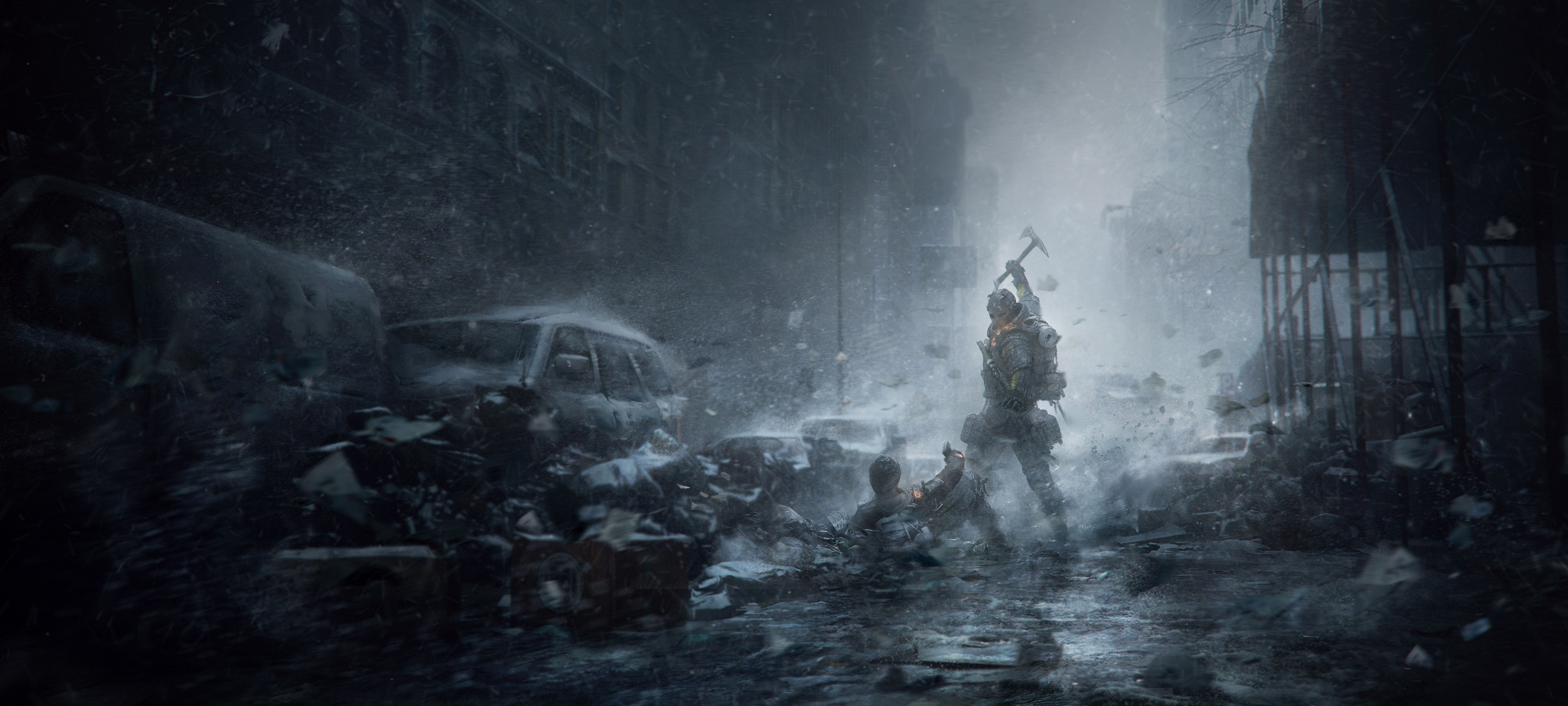 Soldier with axe in snowy city street HD Wallpaper