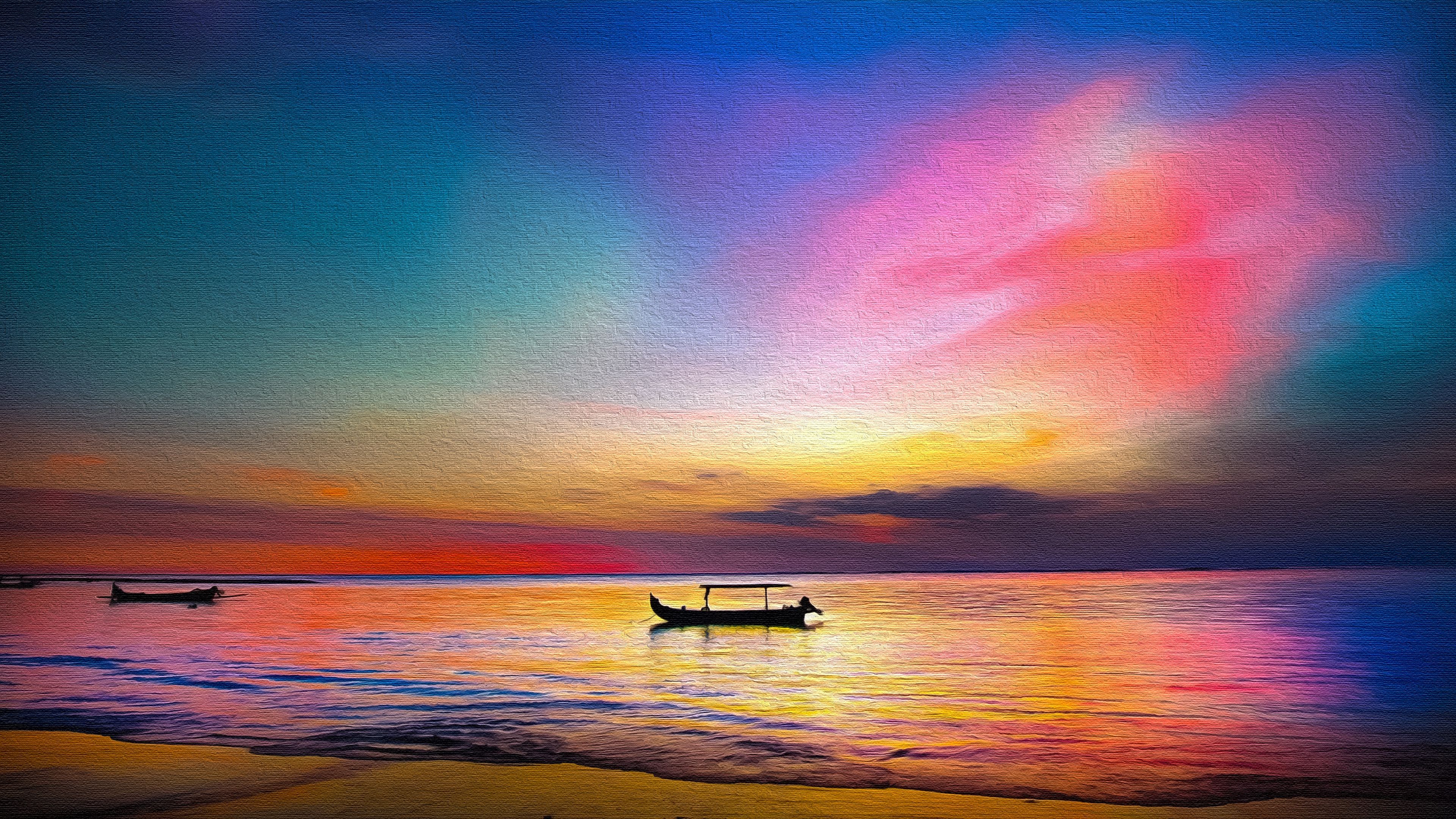 Colorful Sunset Over Calm Ocean with Silhouetted Boats HD Wallpaper
