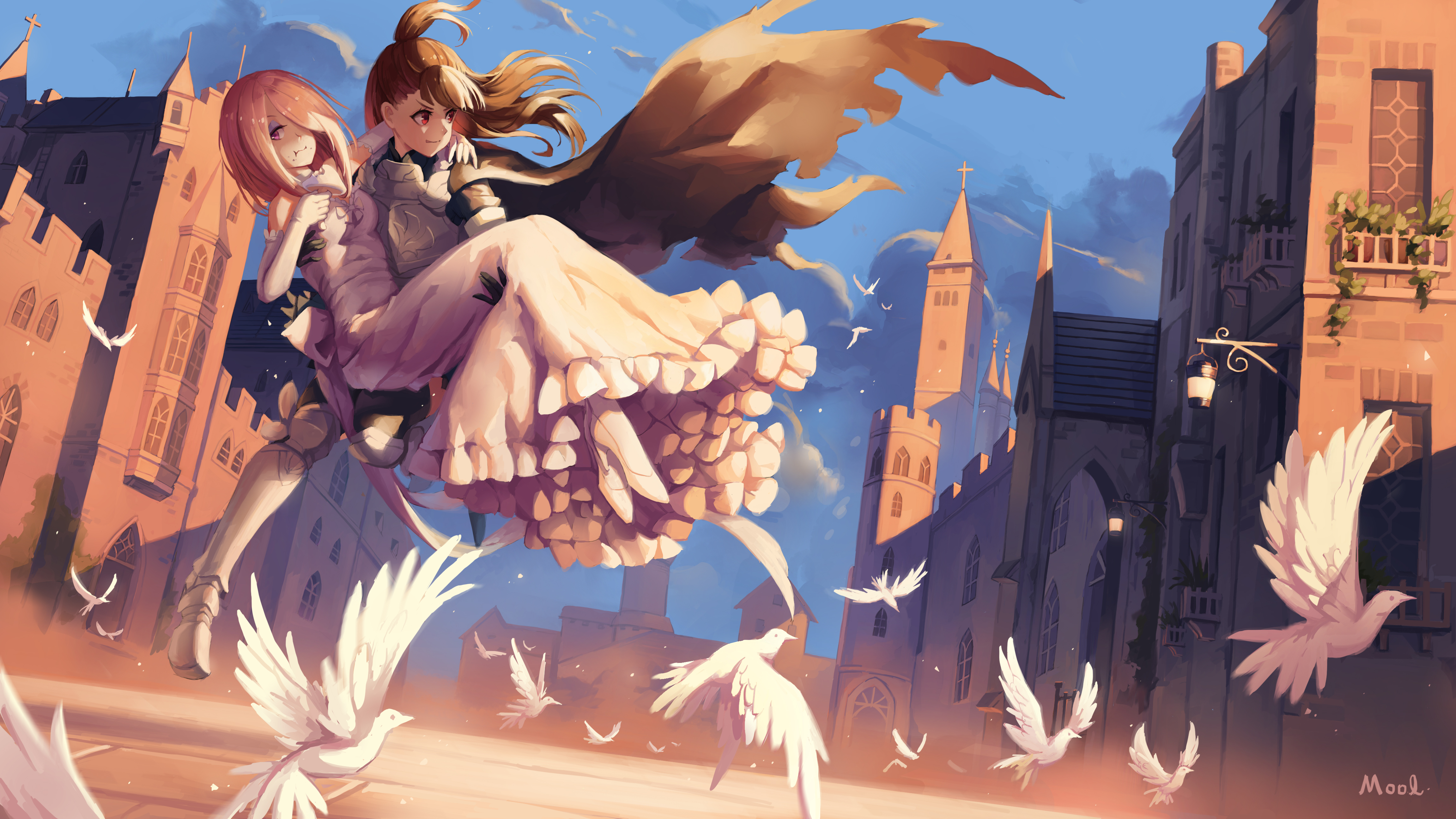 Sucy Manbavaran and Atsuko Kagari Flying with Doves HD Wallpaper