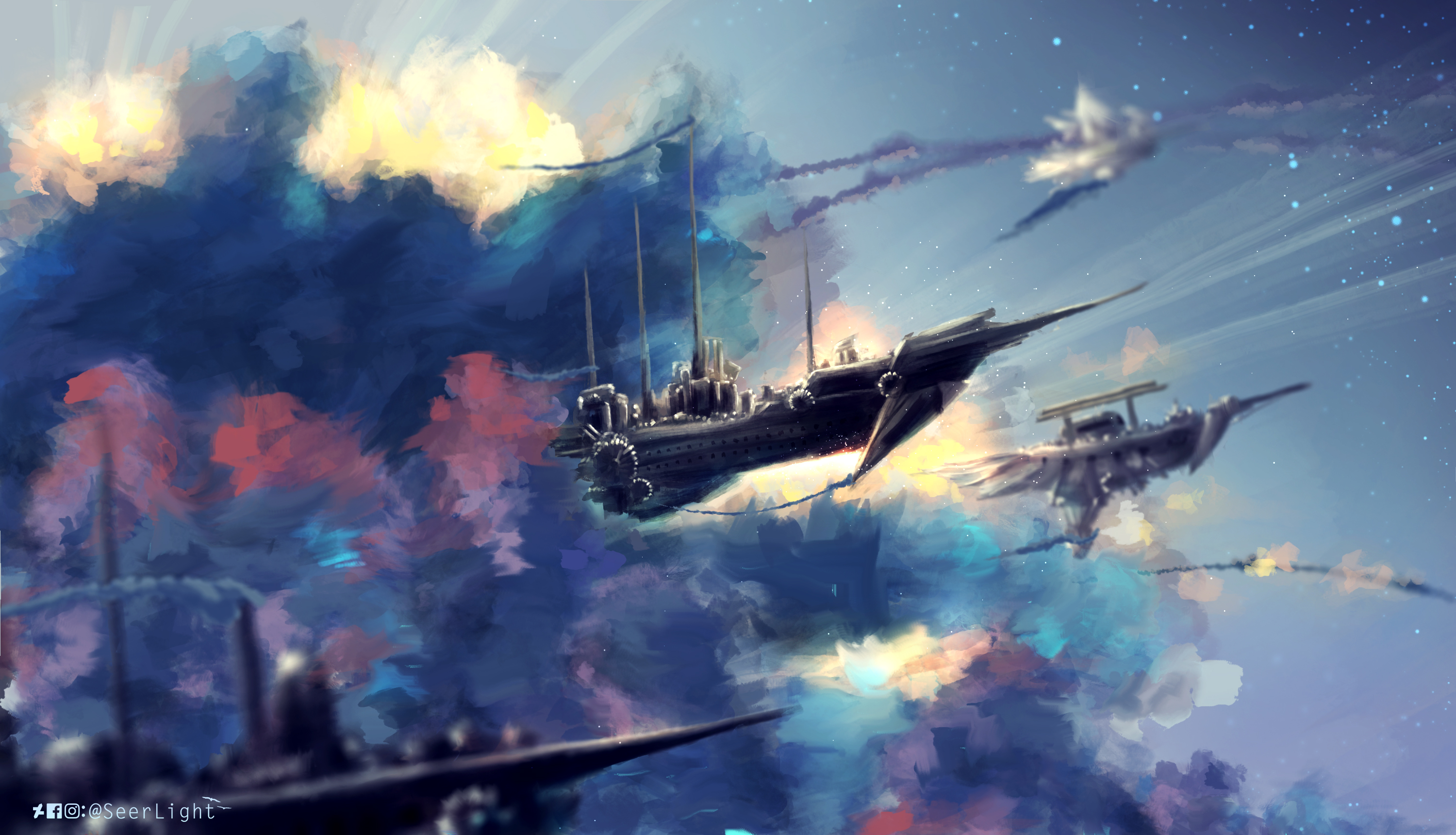 Steampunk airships flying through colorful clouds HD Wallpaper