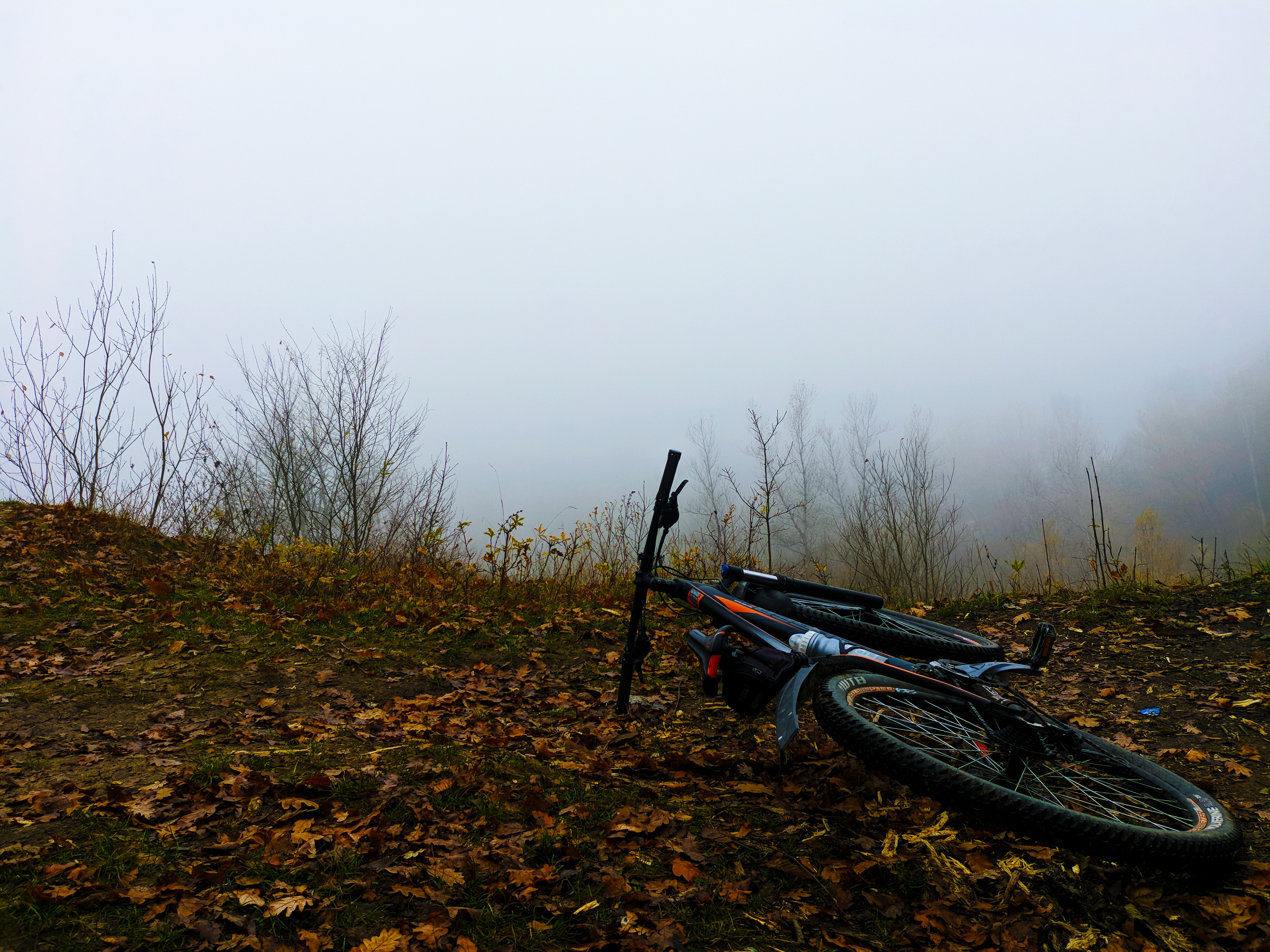 Bicycle lying on the ground in fog HD Wallpaper