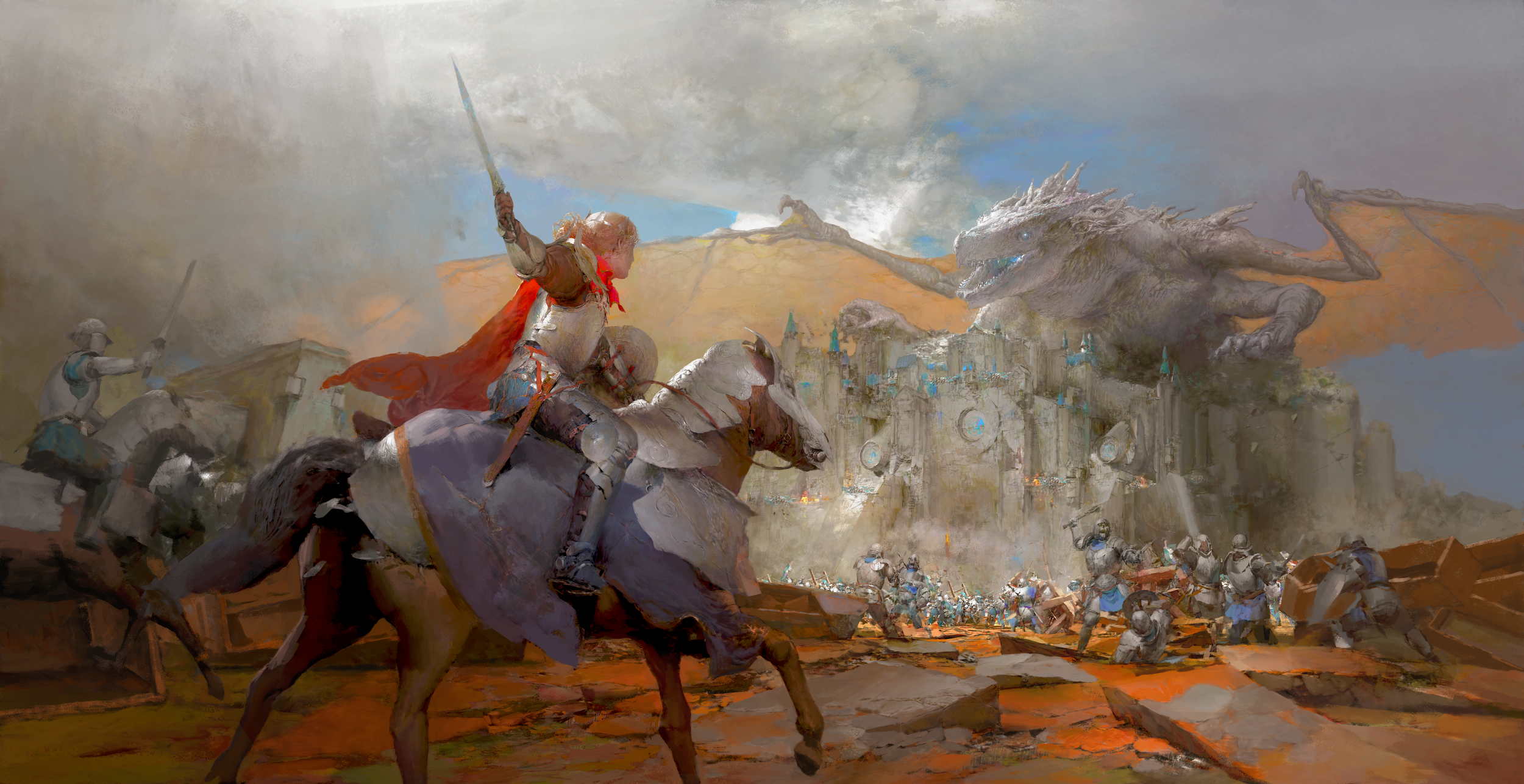 Woman warrior on horseback battles a dragon near a castle HD Wallpaper