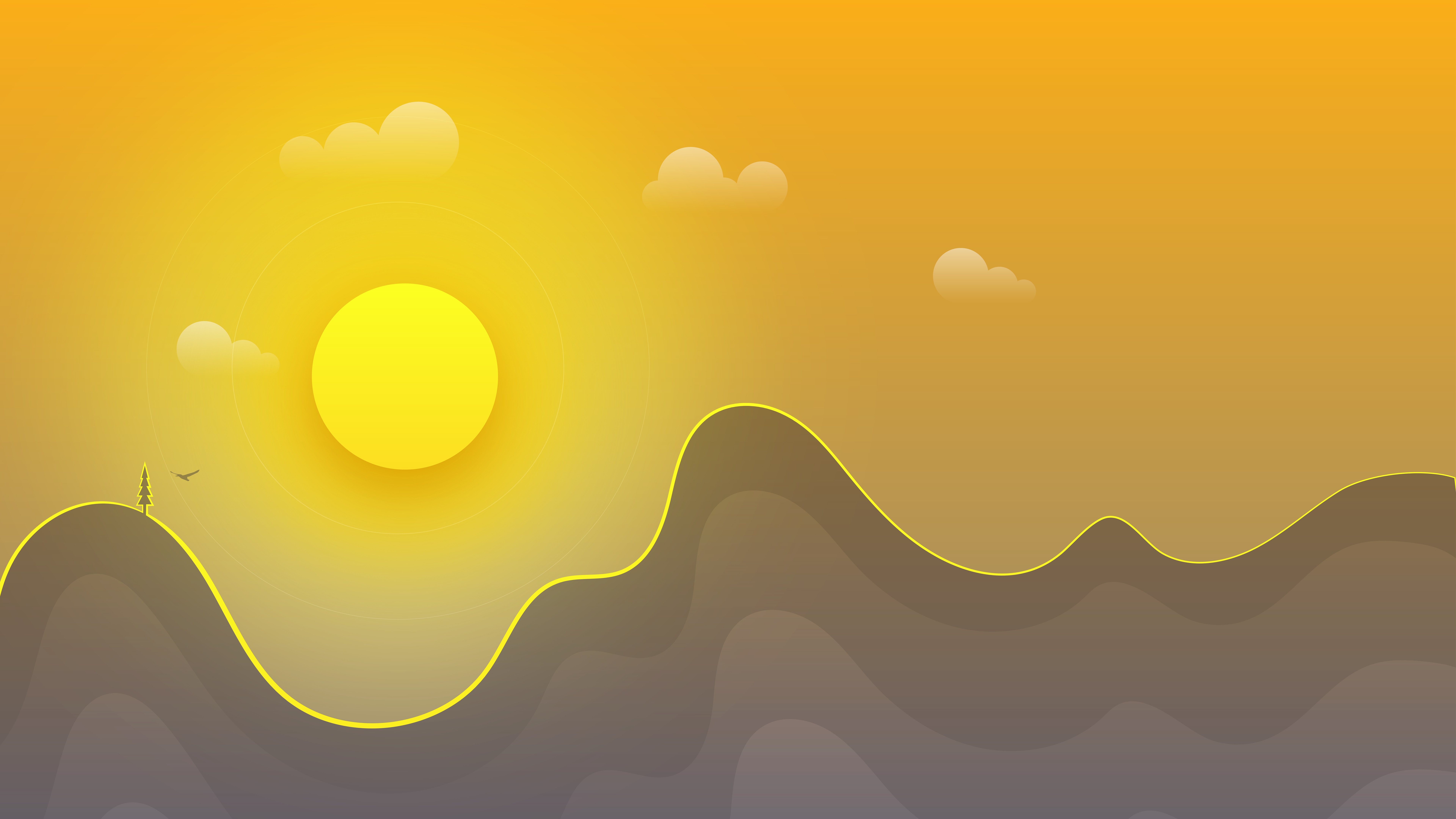Yellow Sun over Wavy Mountains Landscape 4K HD Wallpaper