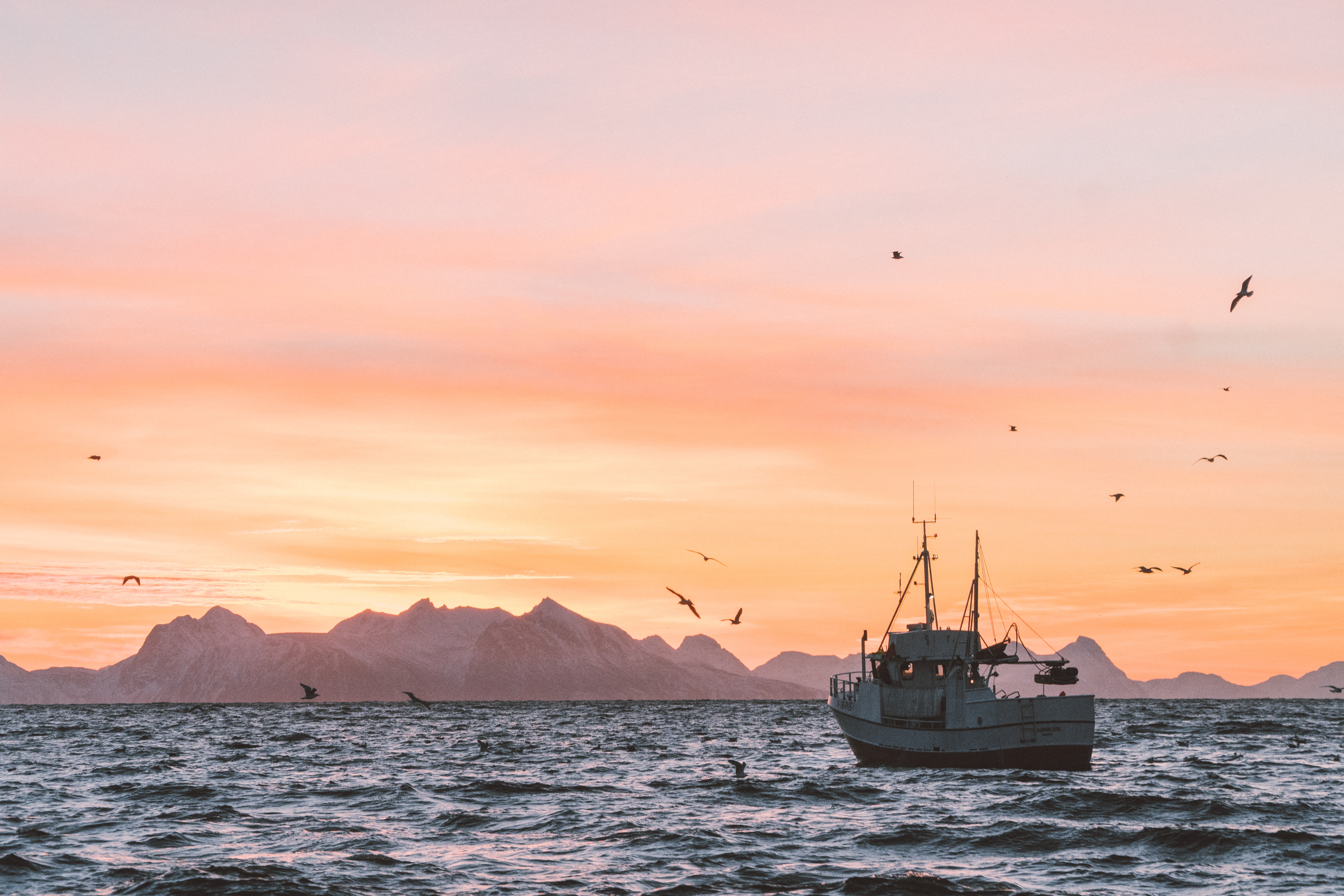 Fishing boat on the sea with mountains at sunrise HD Wallpaper