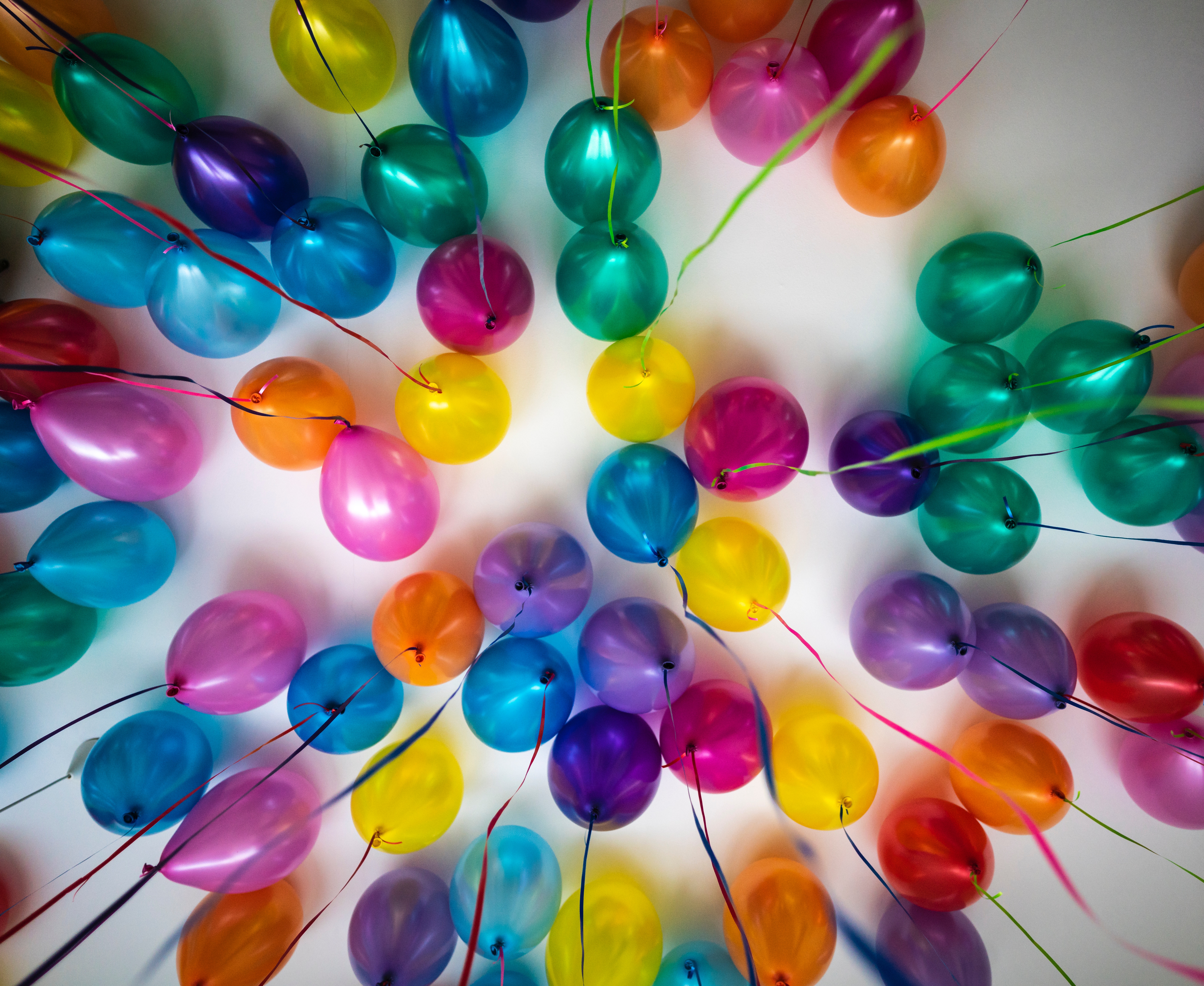 Multicolor balloons with strings on a white surface HD Wallpaper