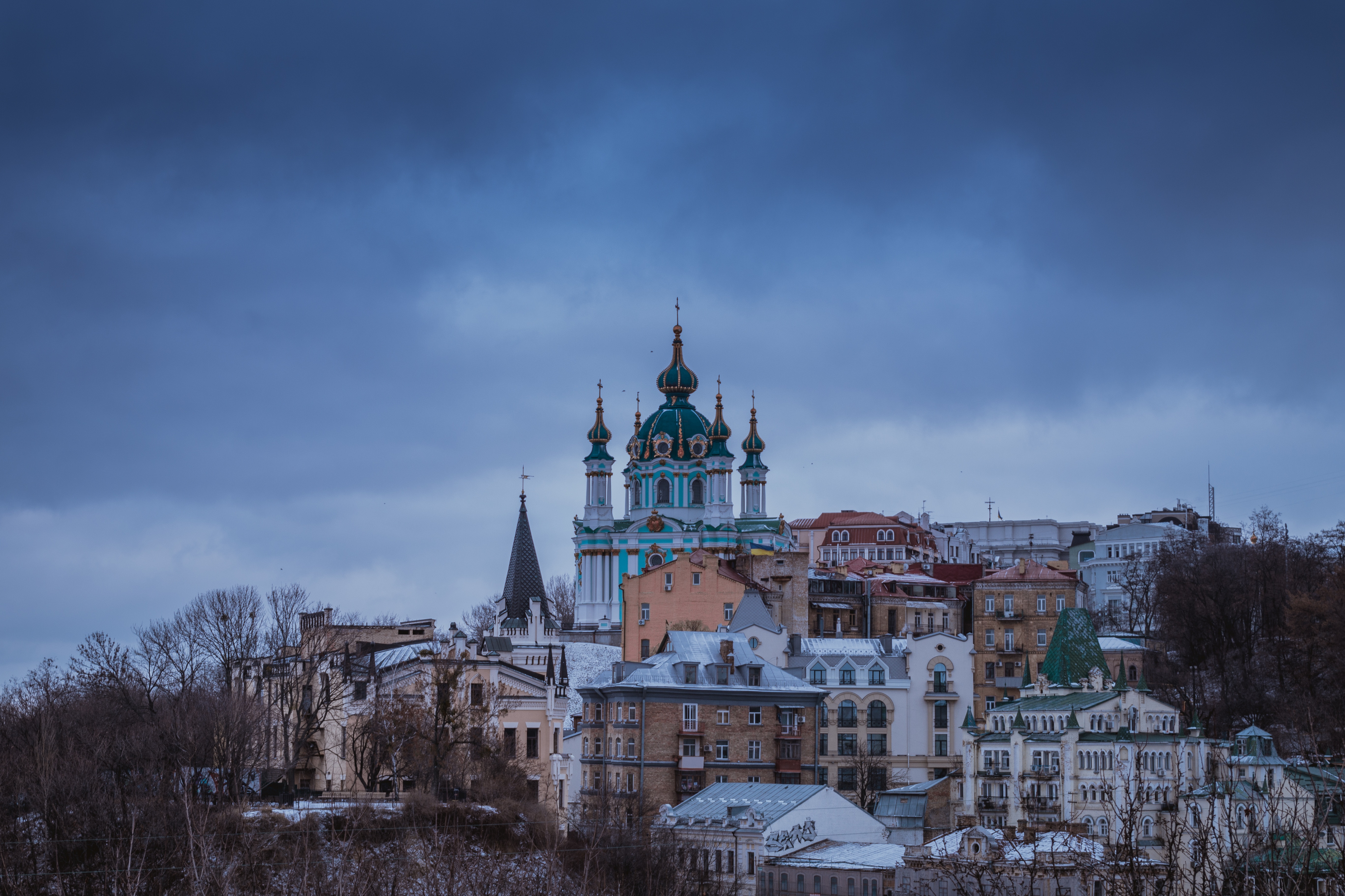 St. Andrew's Church in Kyiv, Ukraine under a cloudy sky HD Wallpaper