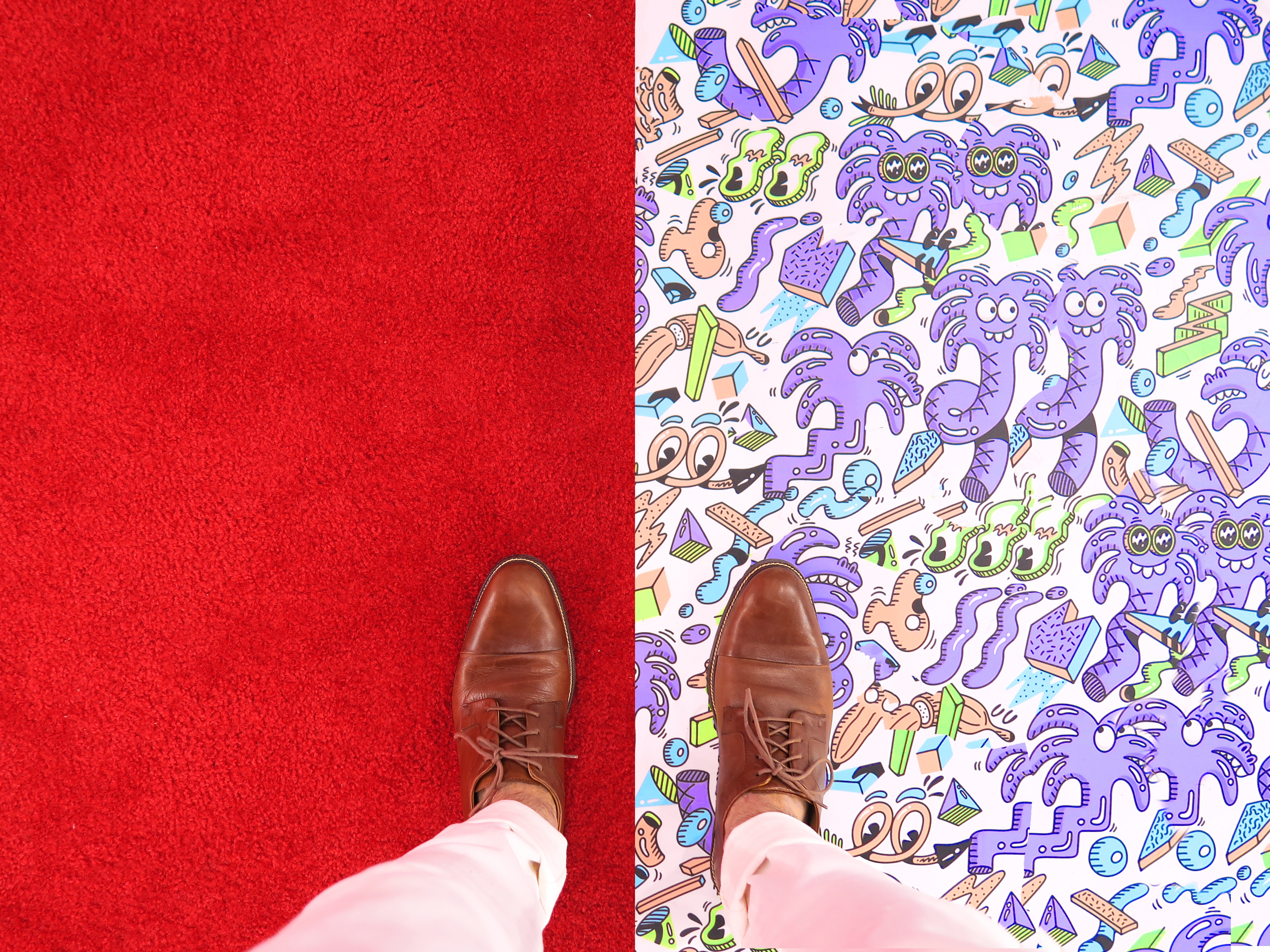 Person in brown shoes on red carpet and cartoon illustration HD Wallpaper
