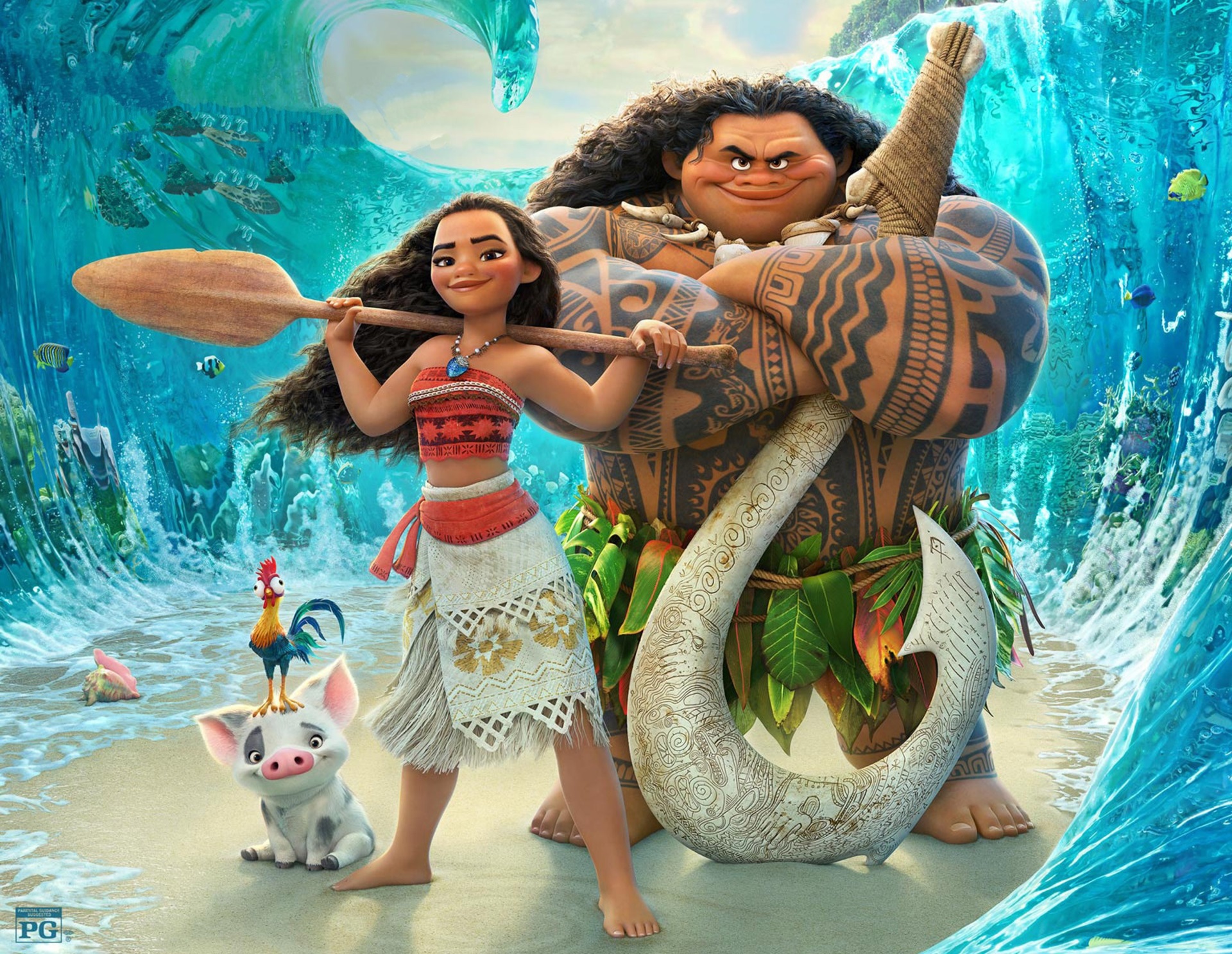 Moana, Maui, Pua, and Heihei on a beach HD Wallpaper