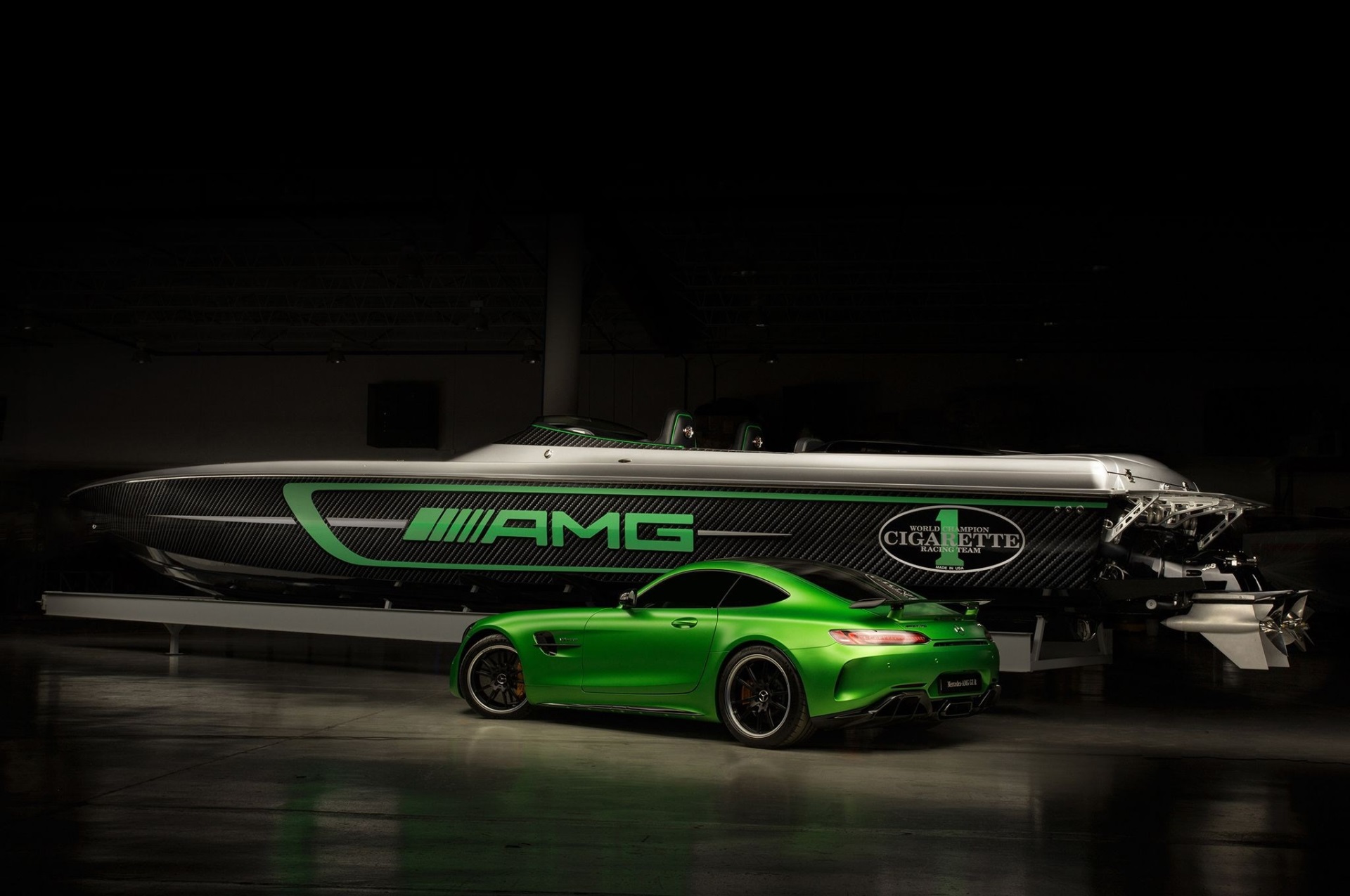 Mercedes-AMG GT C and Cigarette Racing Boat HD Wallpaper