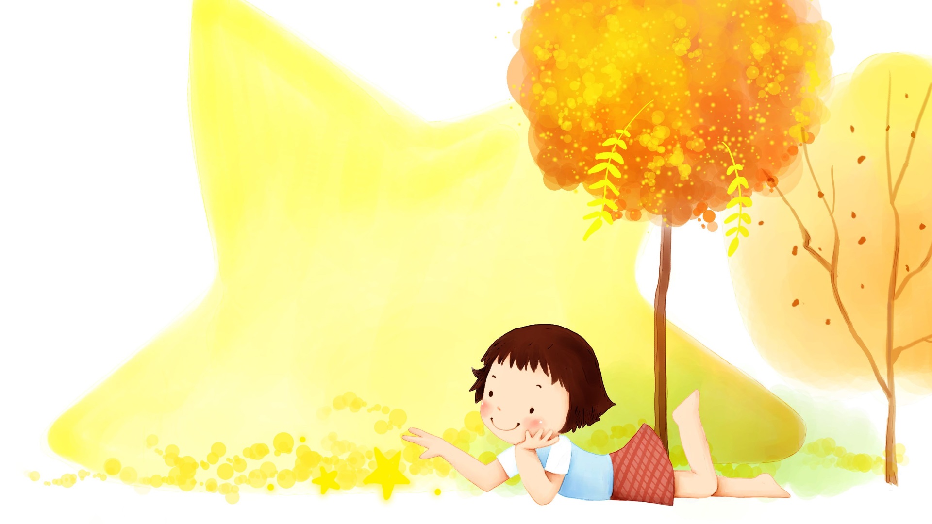 A girl lies under a tree with a star HD Wallpaper