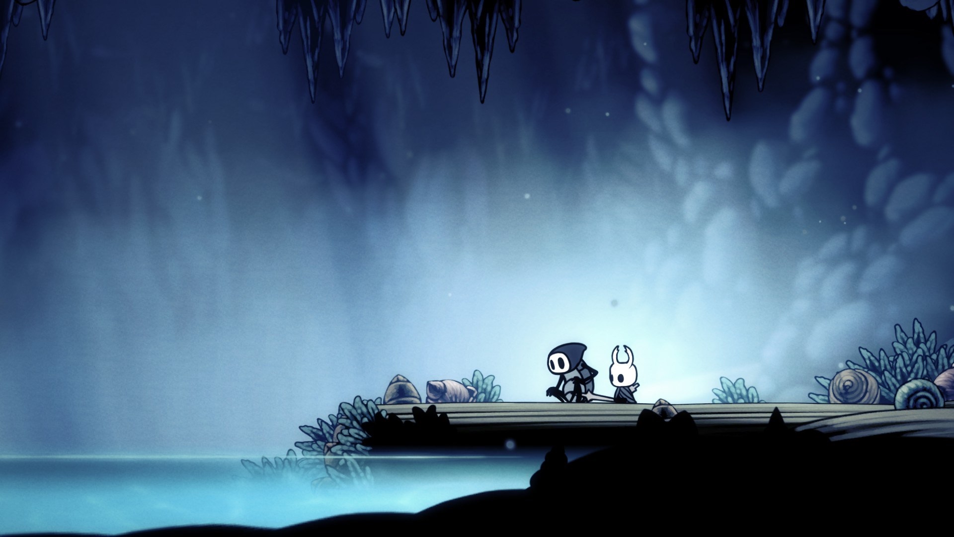 Two characters in Hollow Knight near water HD Wallpaper