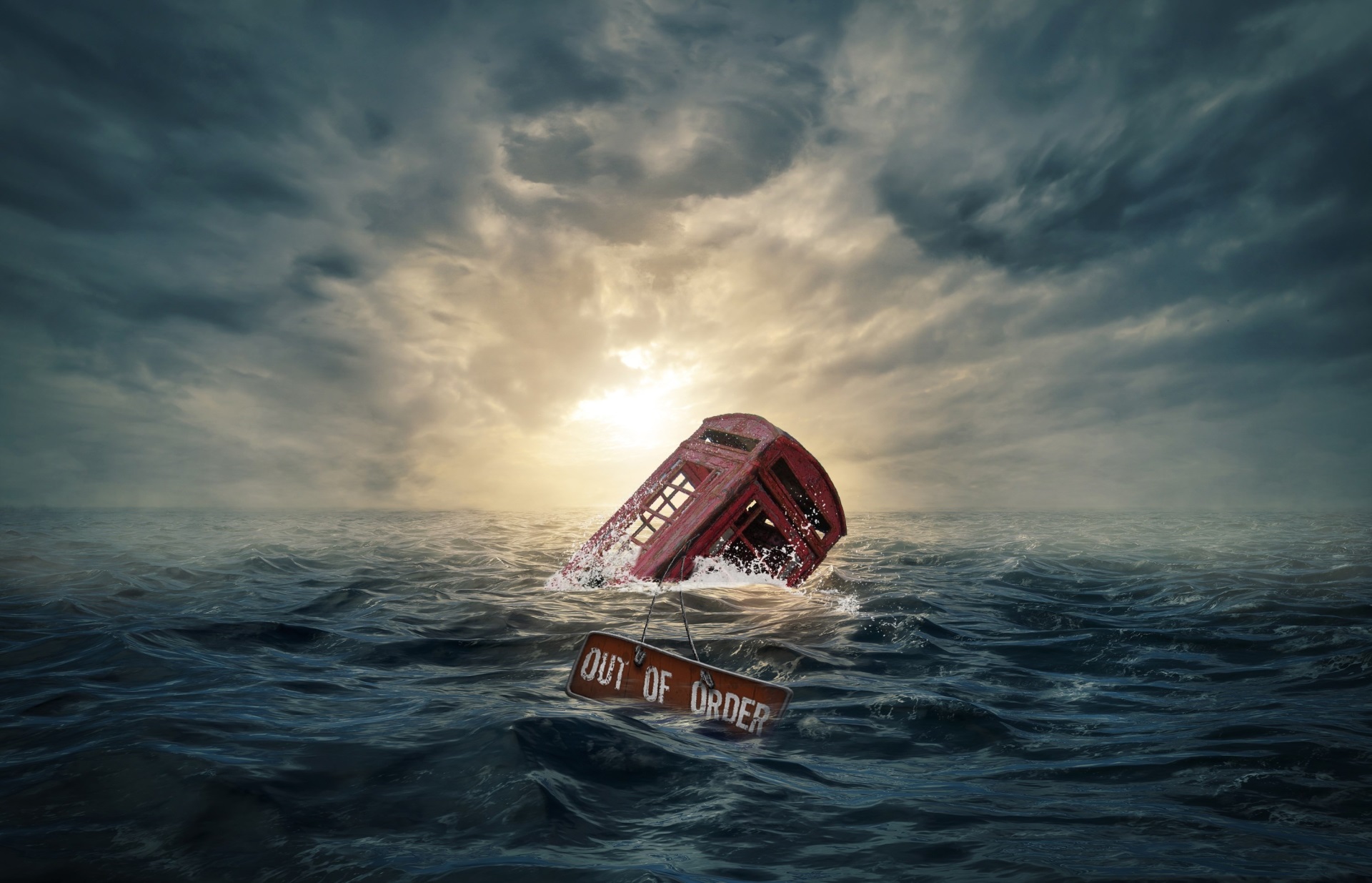 Red telephone booth sinking in the ocean HD Wallpaper