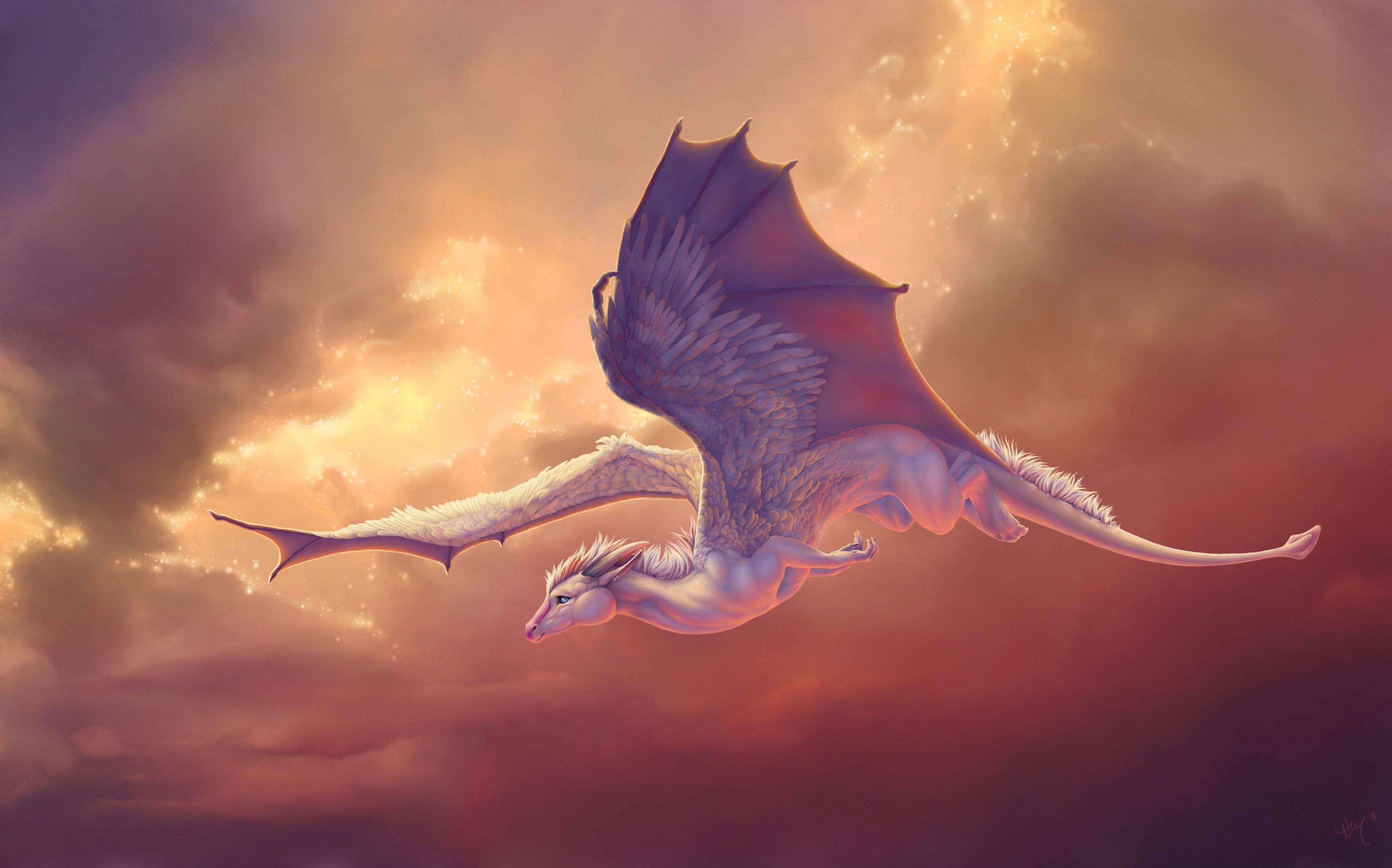 Dragon flying through clouds in 4K HD Wallpaper