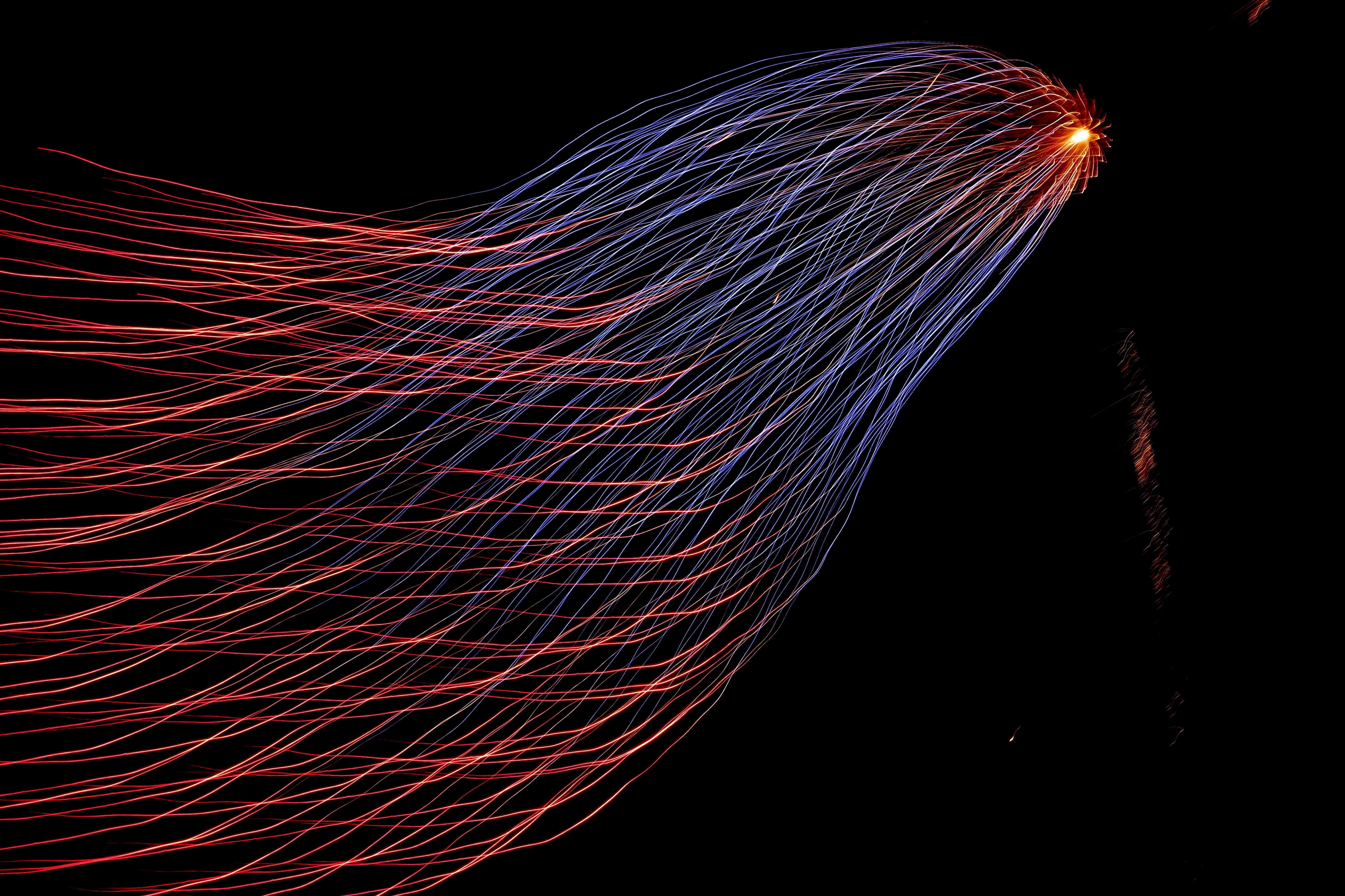 Long exposure of fireworks with red and blue light trails HD Wallpaper