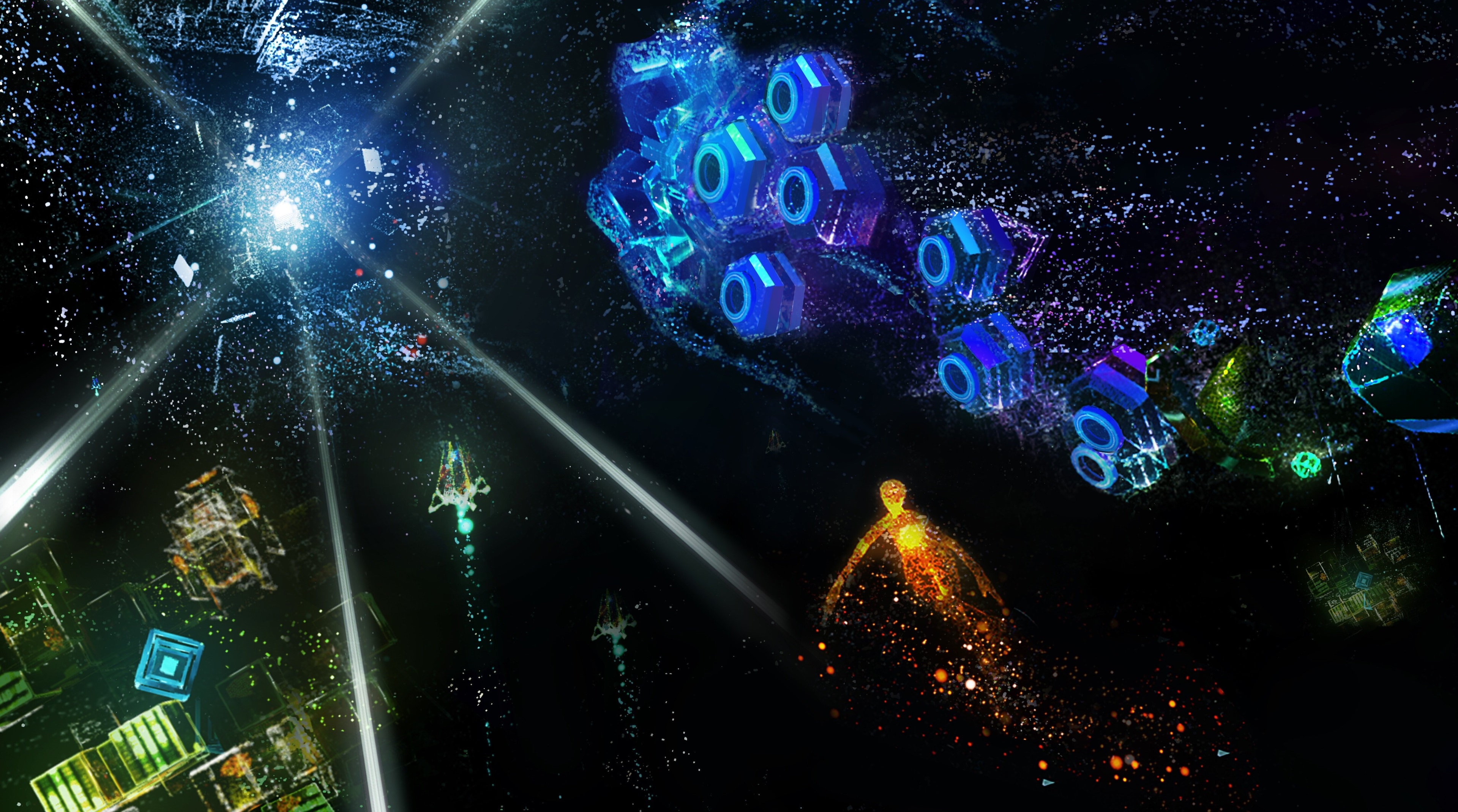 Abstract digital art with glowing shapes and figures HD Wallpaper