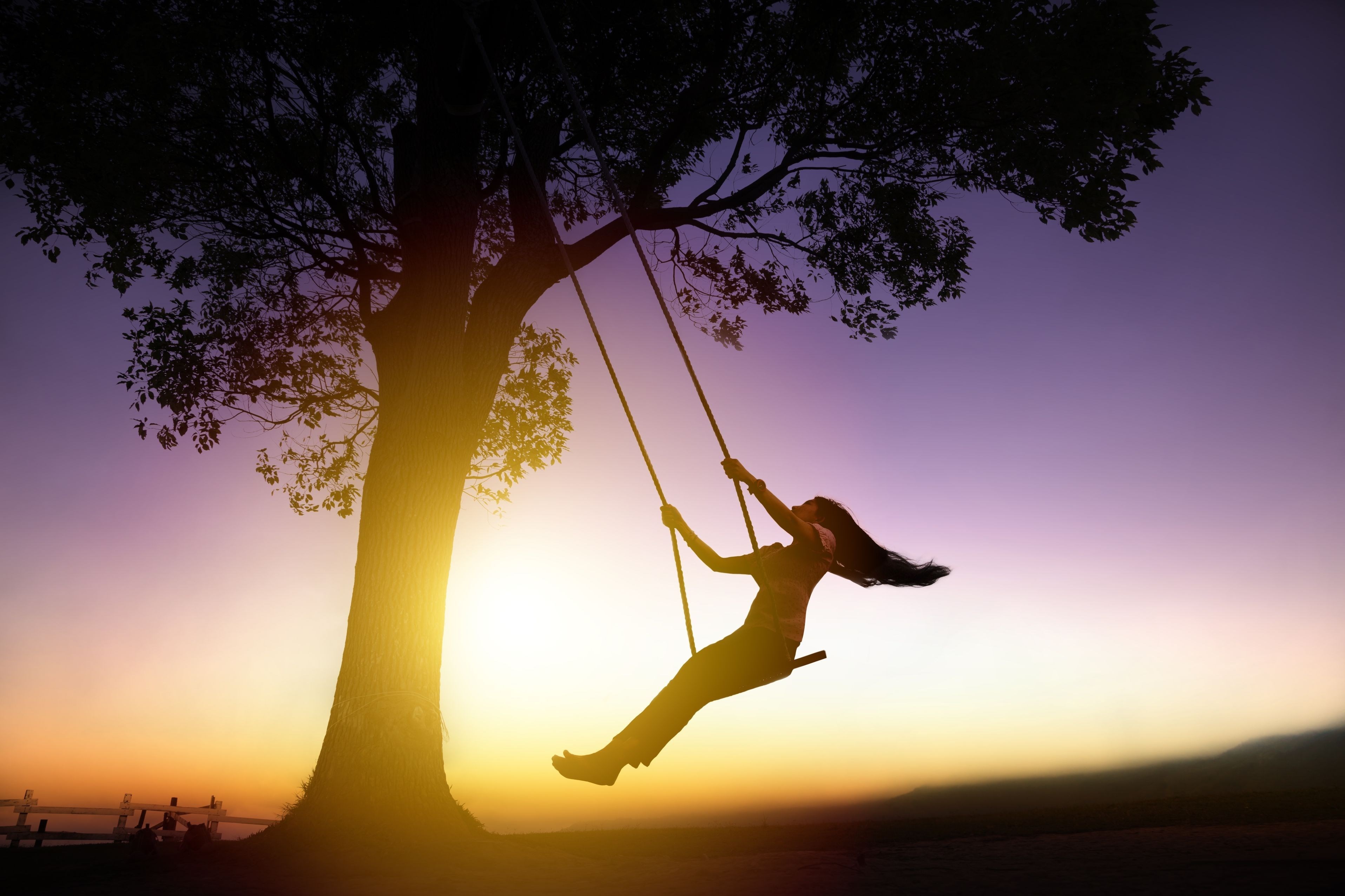 Woman on swing under tree at sunset 4K HD Wallpaper