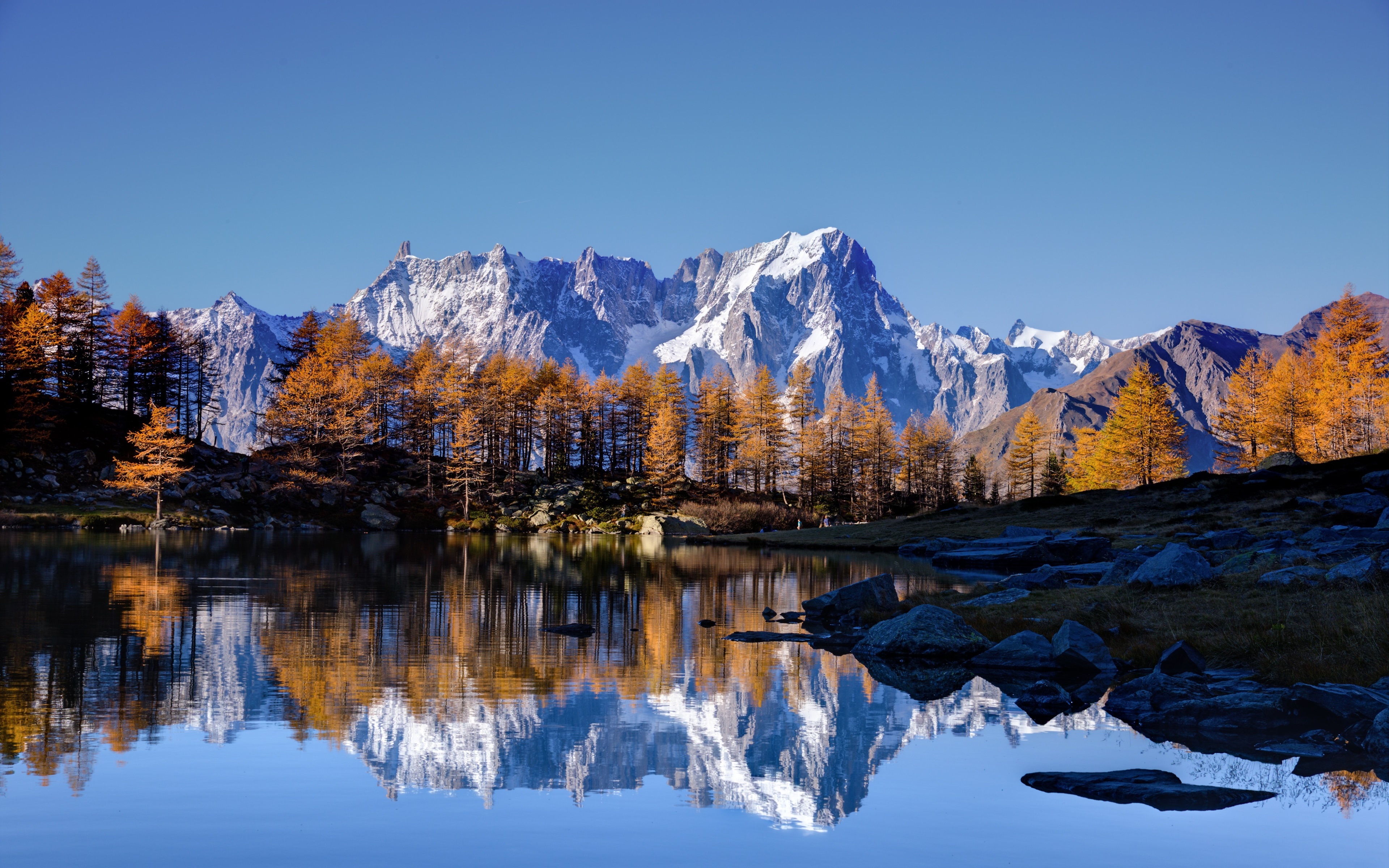 Mont Blanc Mountains with Autumn Trees Reflection 4K HD Wallpaper