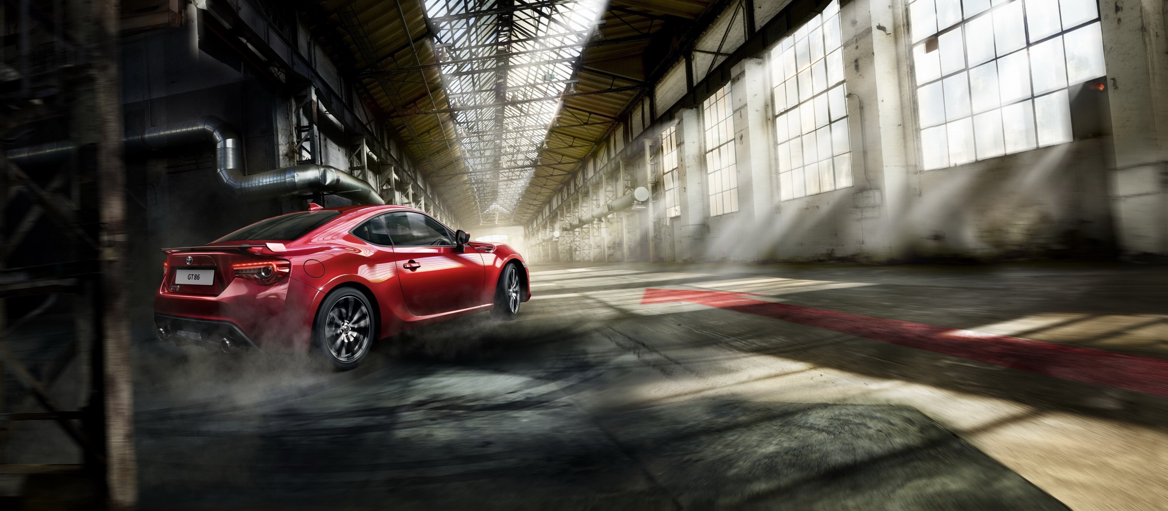 Red Toyota GT 86 drifting in warehouse 4K HD Wallpaper
