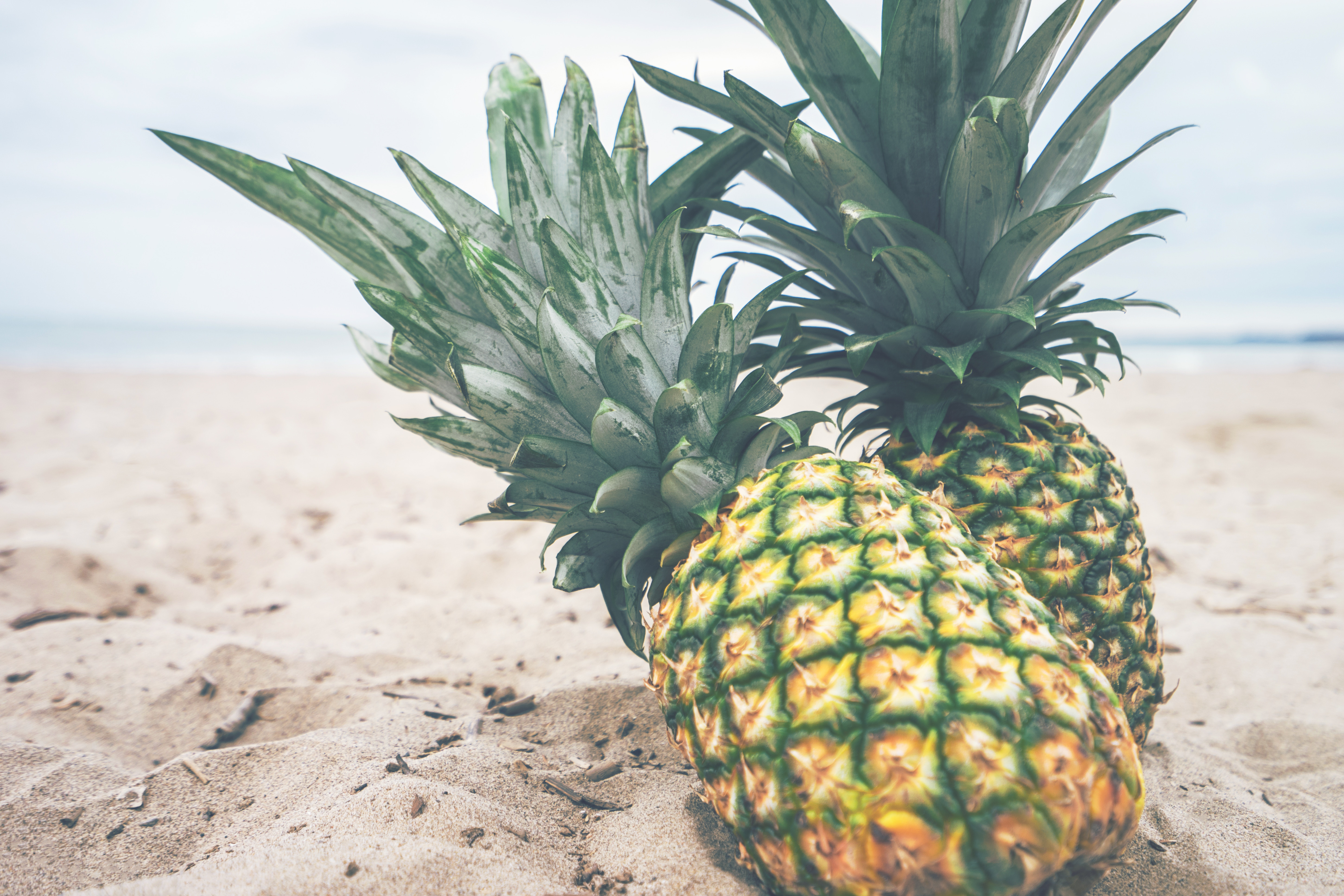 Two pineapples on a sandy beach with the ocean in the background HD Wallpaper