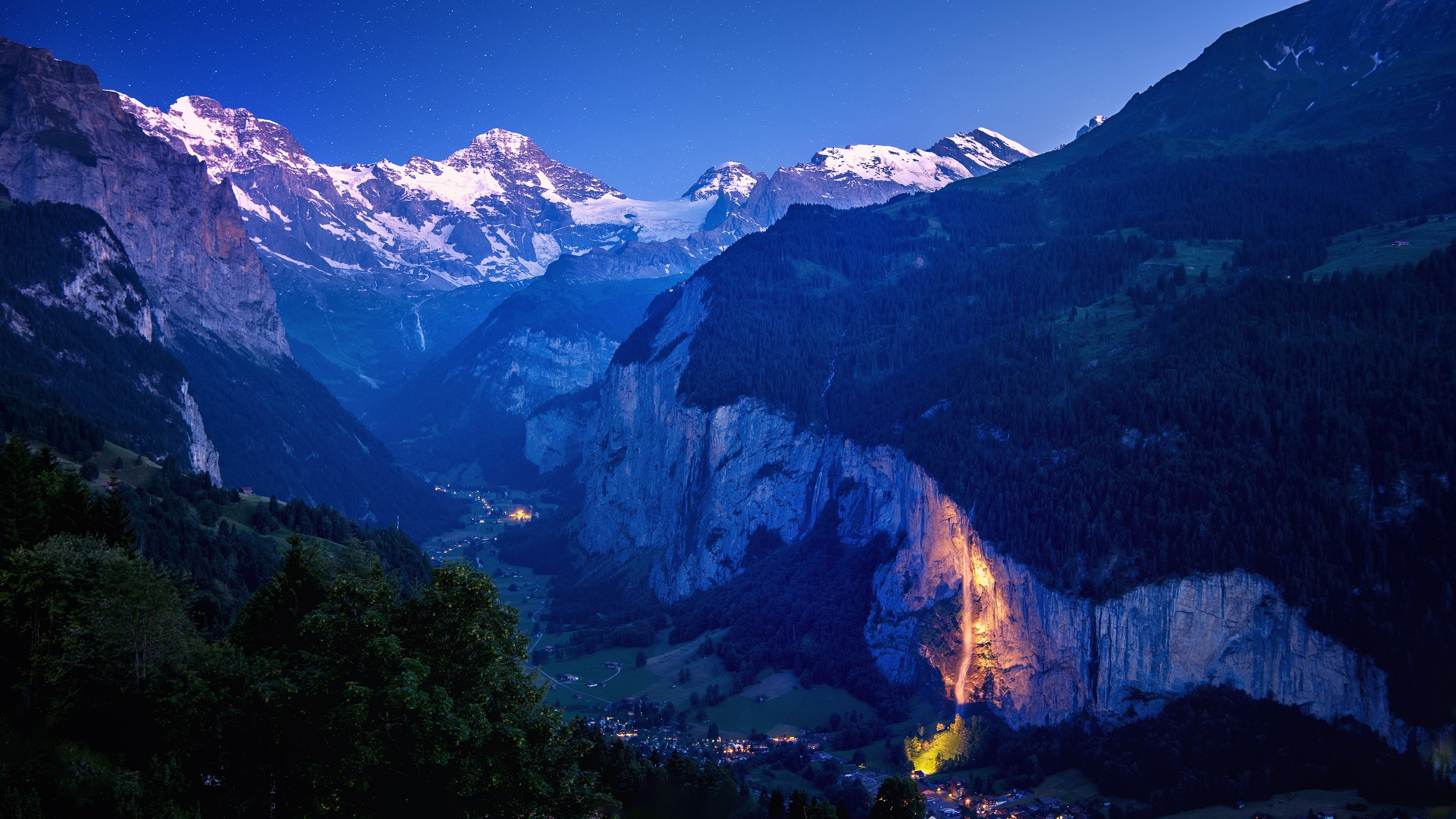 Lauterbrunnen Valley waterfall at dusk, Switzerland 4K HD Wallpaper