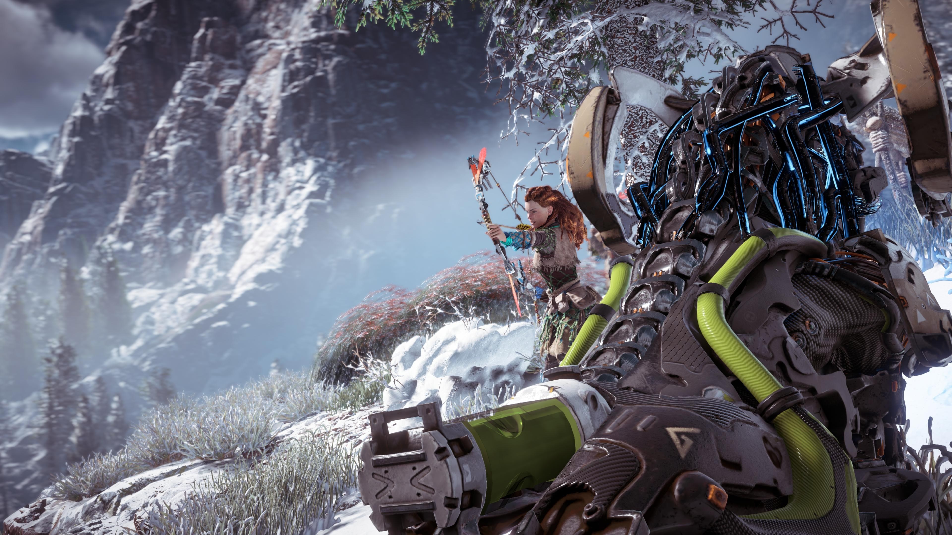 Aloy from Horizon Zero Dawn in a snowy landscape HD Wallpaper