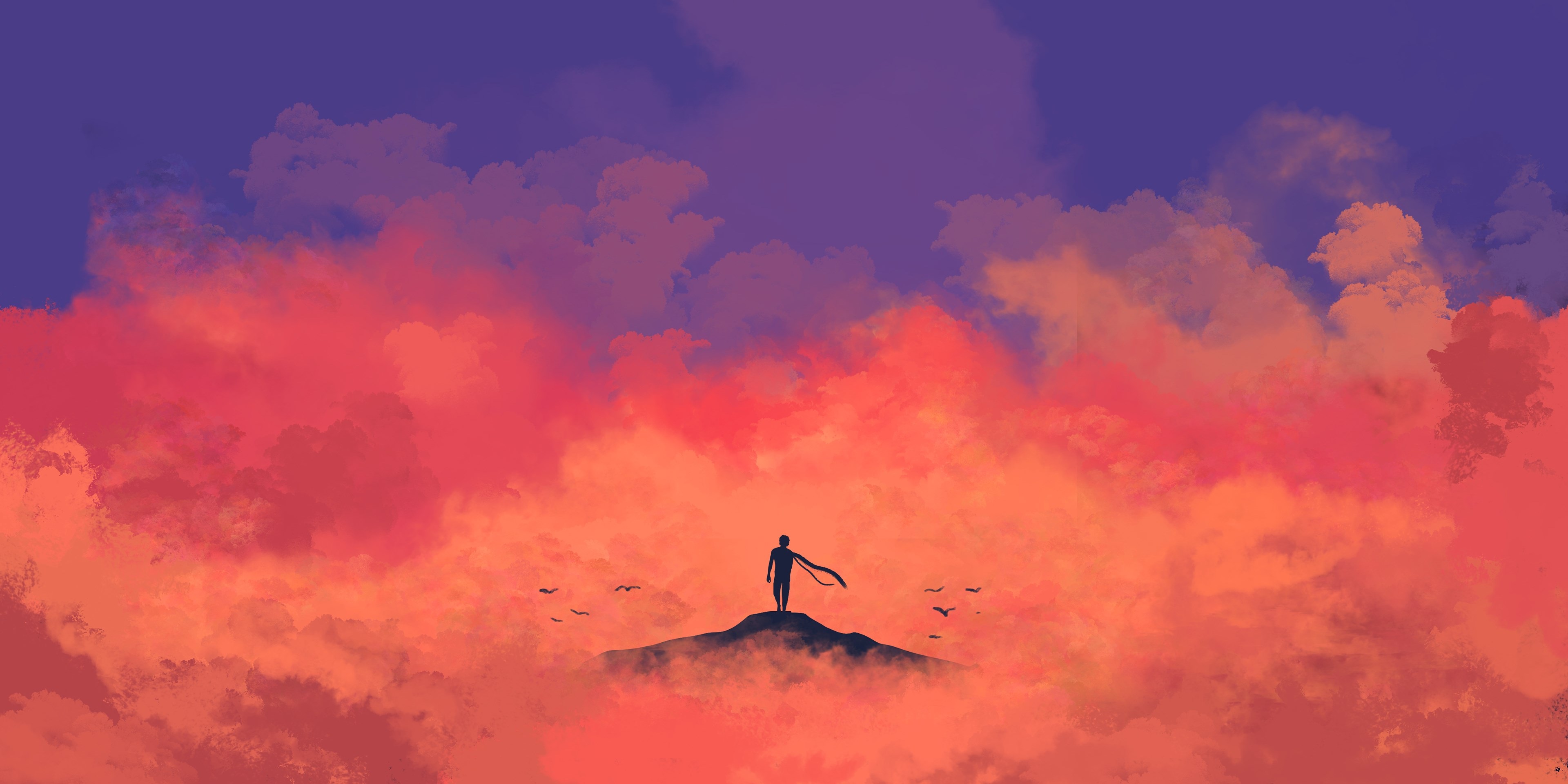 Silhouette of a person on a hill with clouds HD Wallpaper