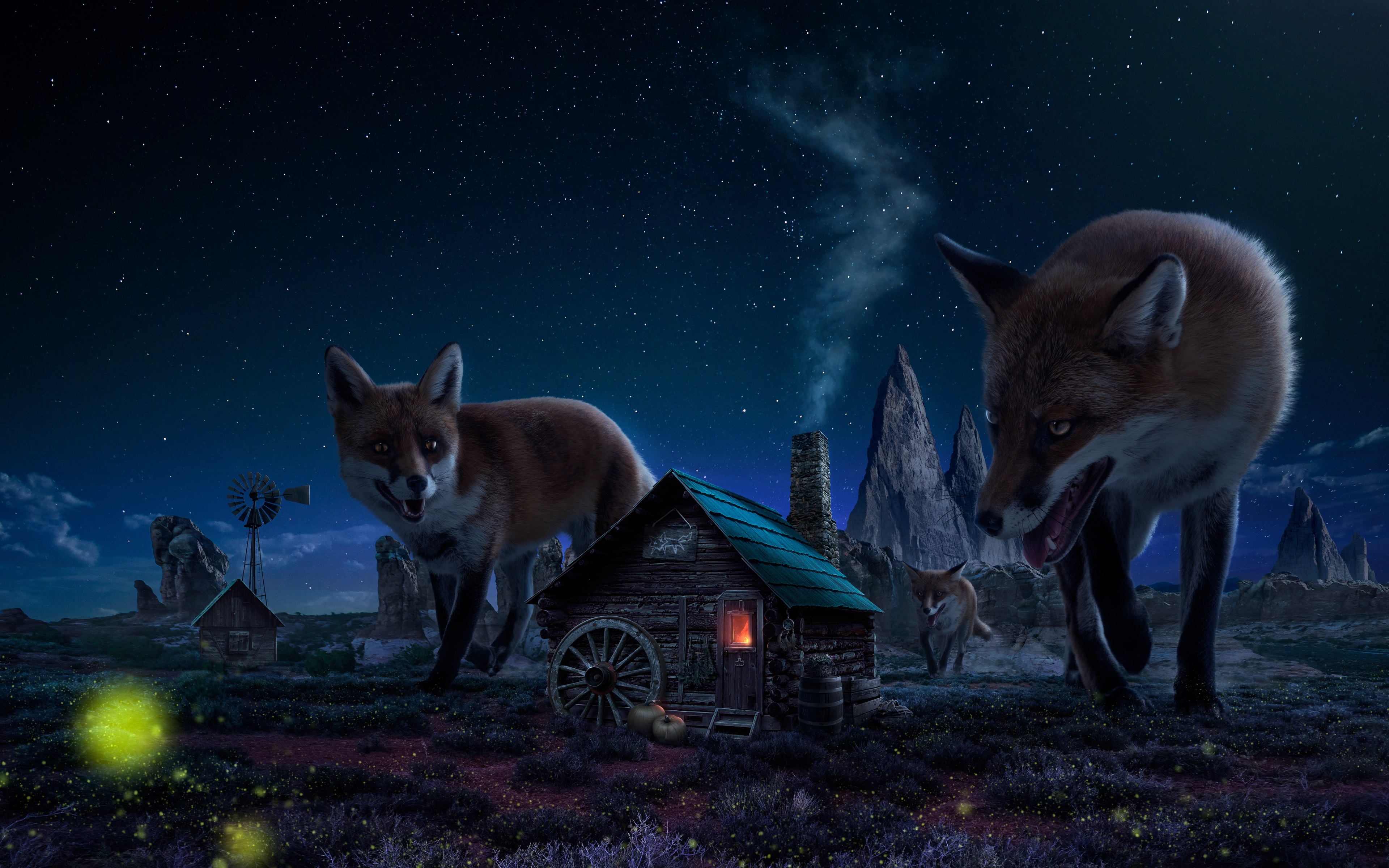 Foxes near a cabin under a starry night sky HD Wallpaper