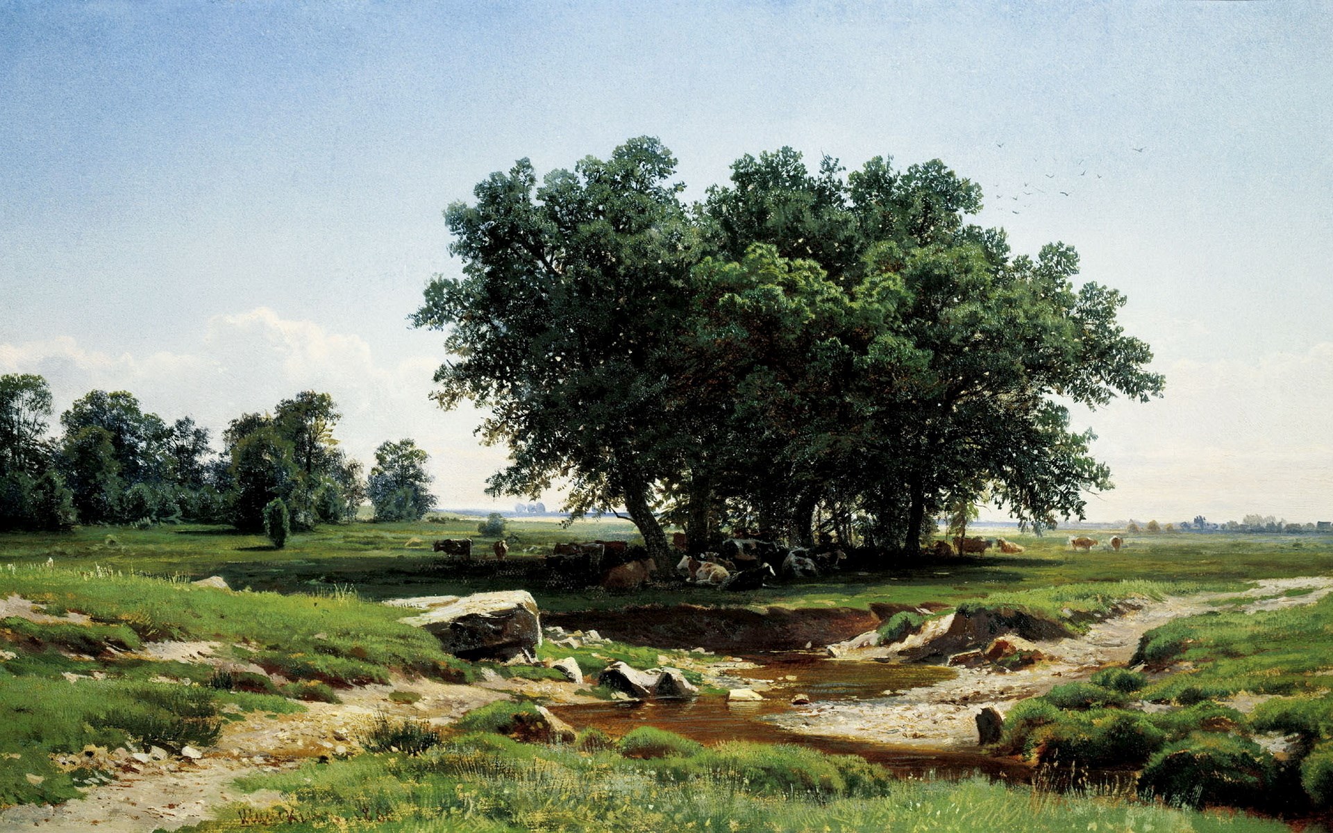 Cows grazing in a pastoral landscape with large oak trees HD Wallpaper